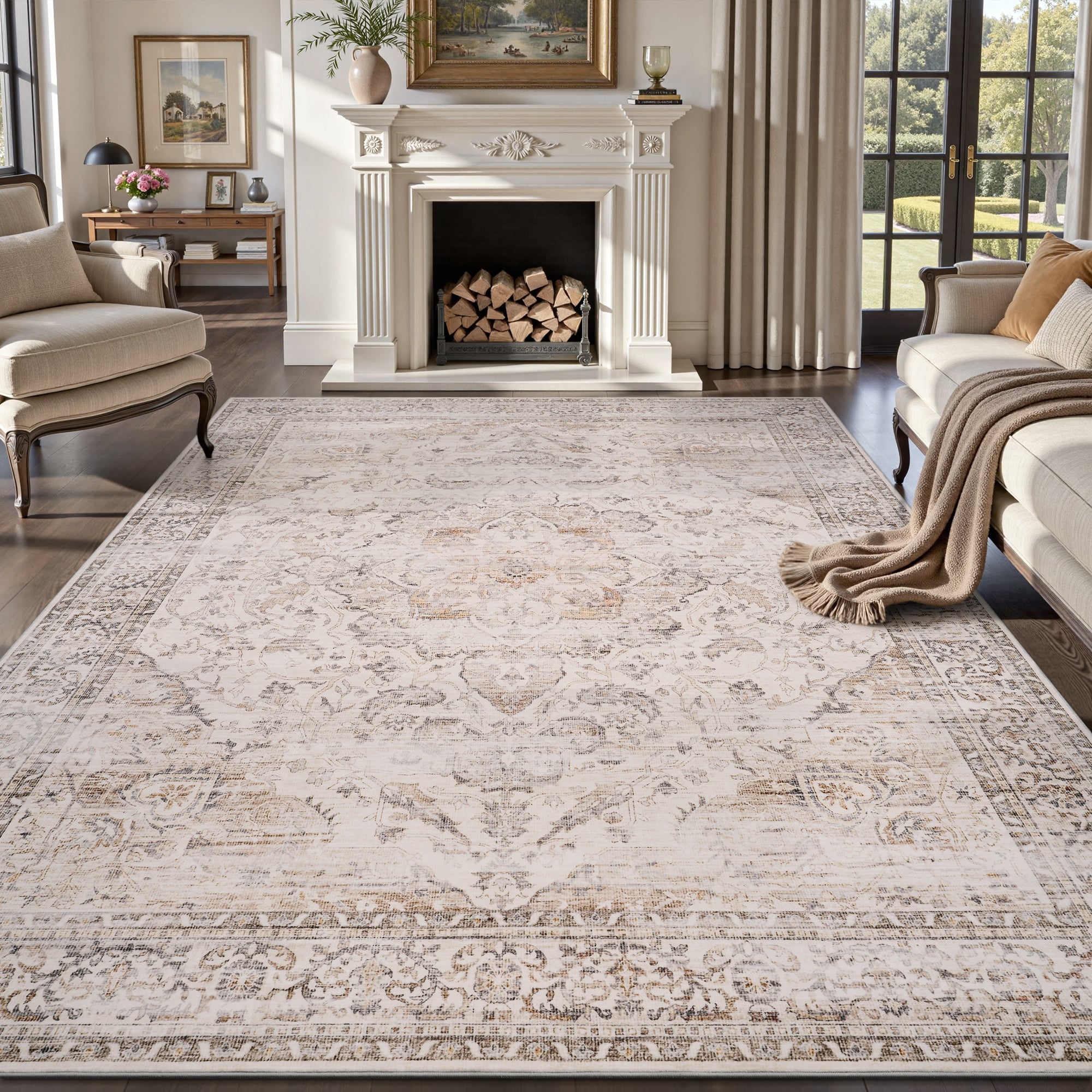MontVoo Vintage Medallion Non-Slip Washable Rug Beige