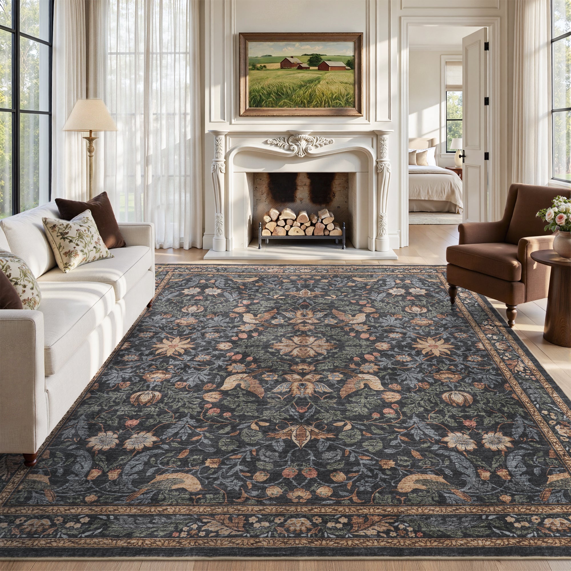 MontVoo Vintage Floral Washable Rug Charcoal