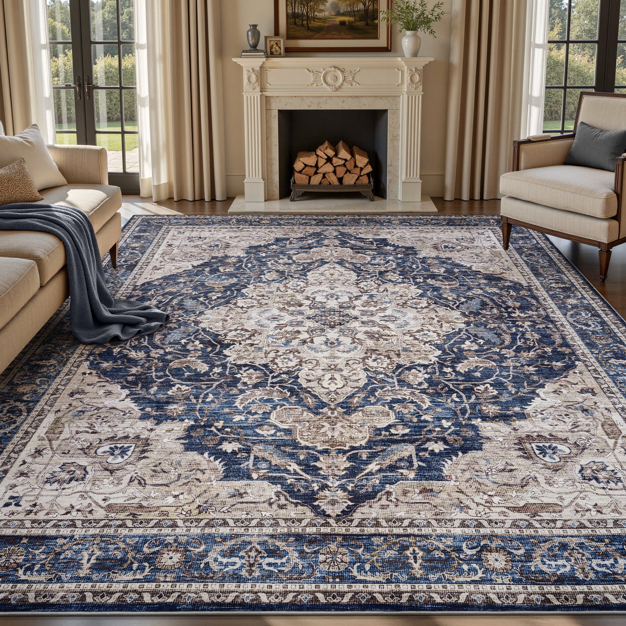 MontVoo Vintage Medallion Non-Slip Washable Rug Blue
