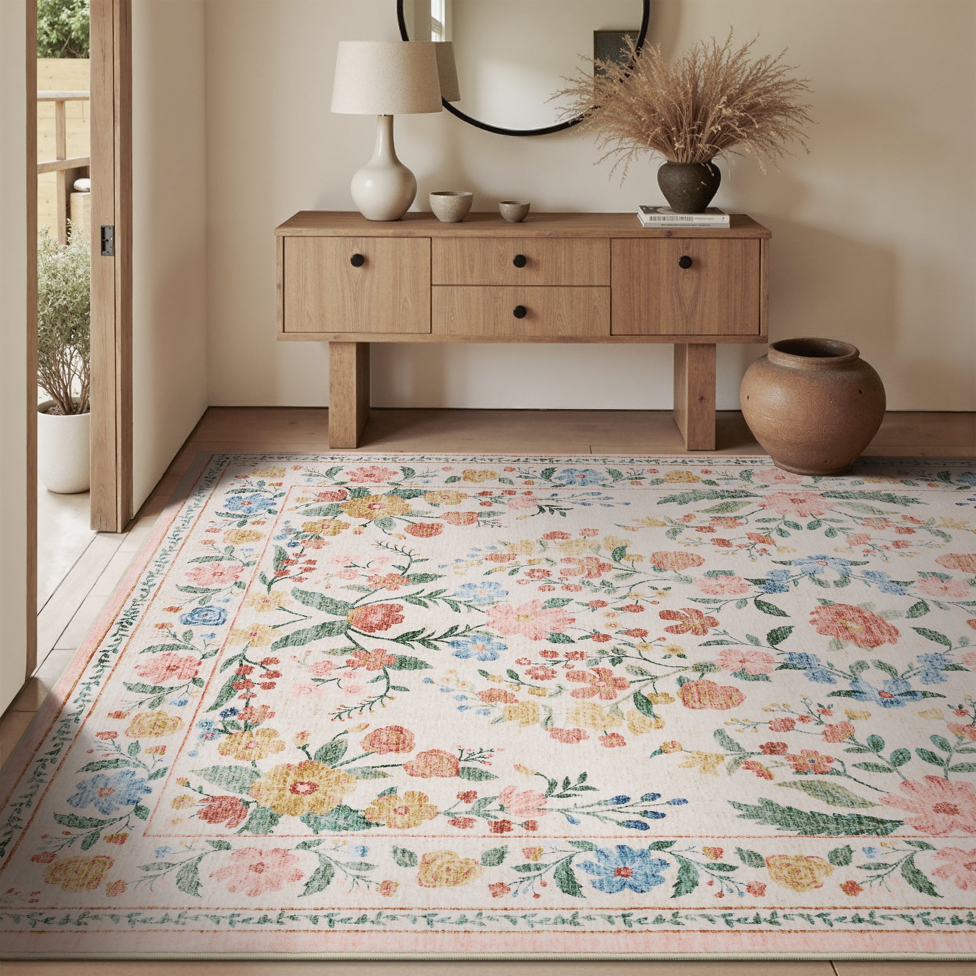 MontVoo Vintage Floral Soft Washable Rug Beige