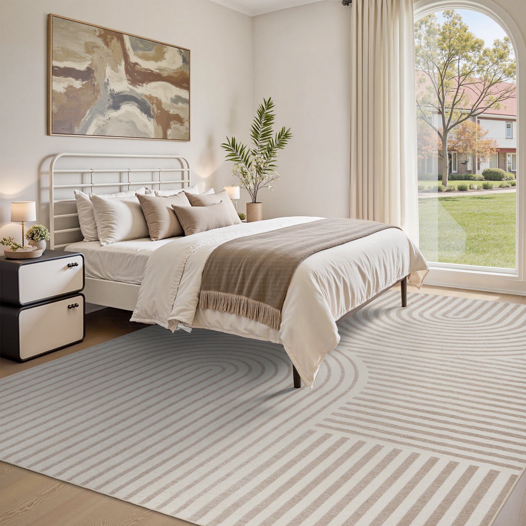 MontVoo Modern Geometric High-Low Beige Washable Area Rug