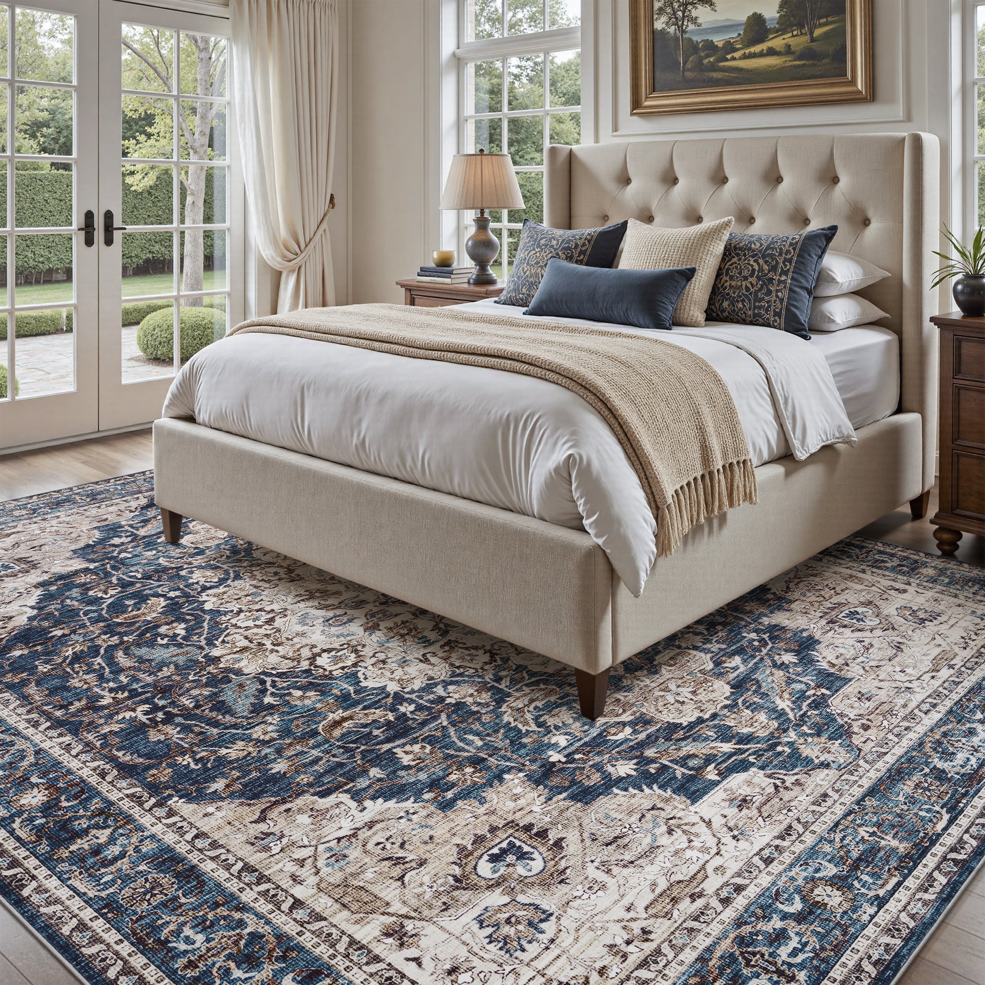MontVoo Vintage Medallion Non-Slip Washable Rug Blue
