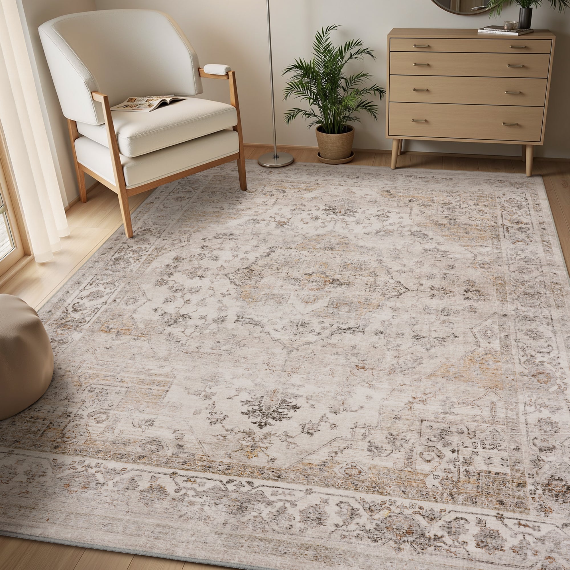 MontVoo Beige Oriental Washable Rug