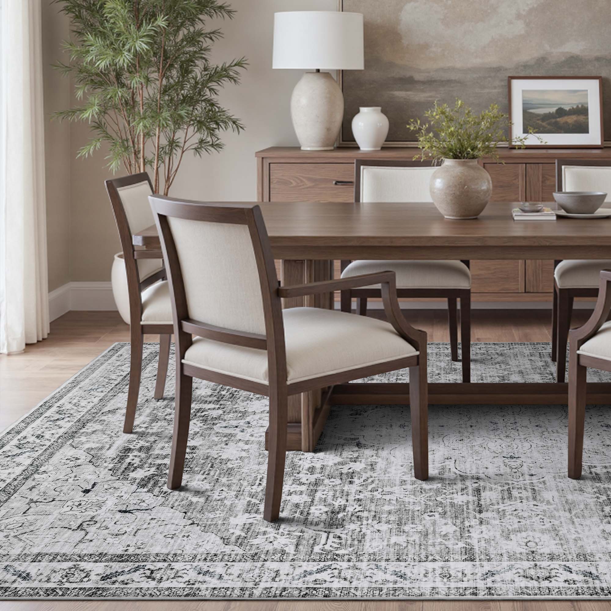 MontVoo Gray Medallion Floral Washable Rug