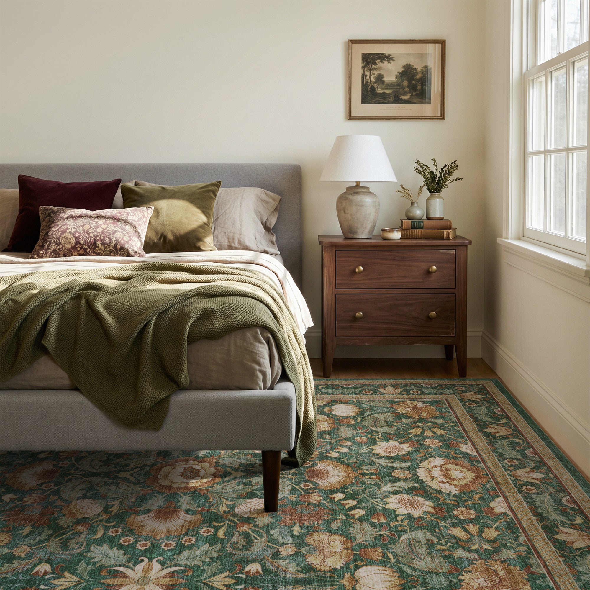 MontVoo Vintage Floral Washable Rug Green