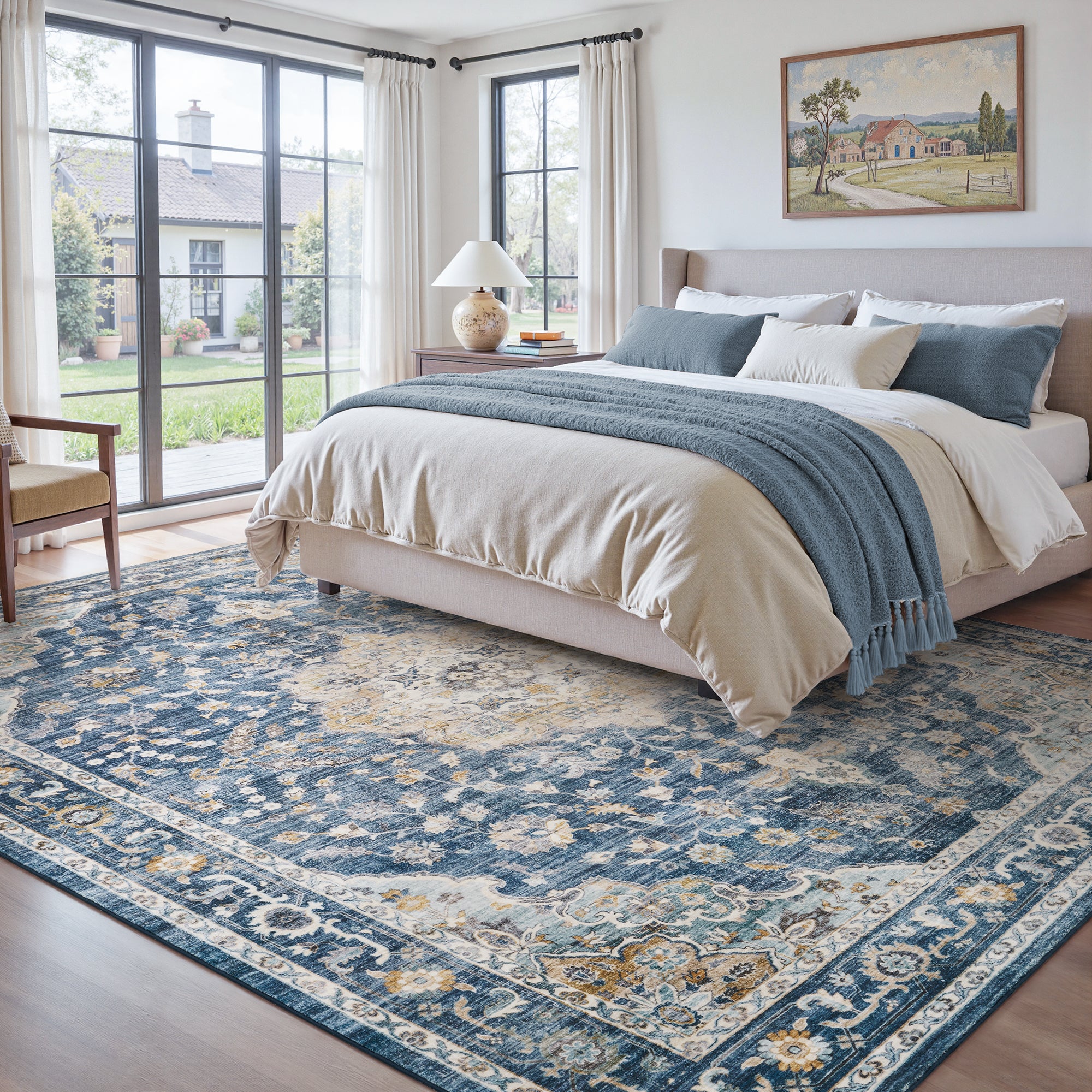 MontVoo Vintage Floral Medallion Washable Rug Blue