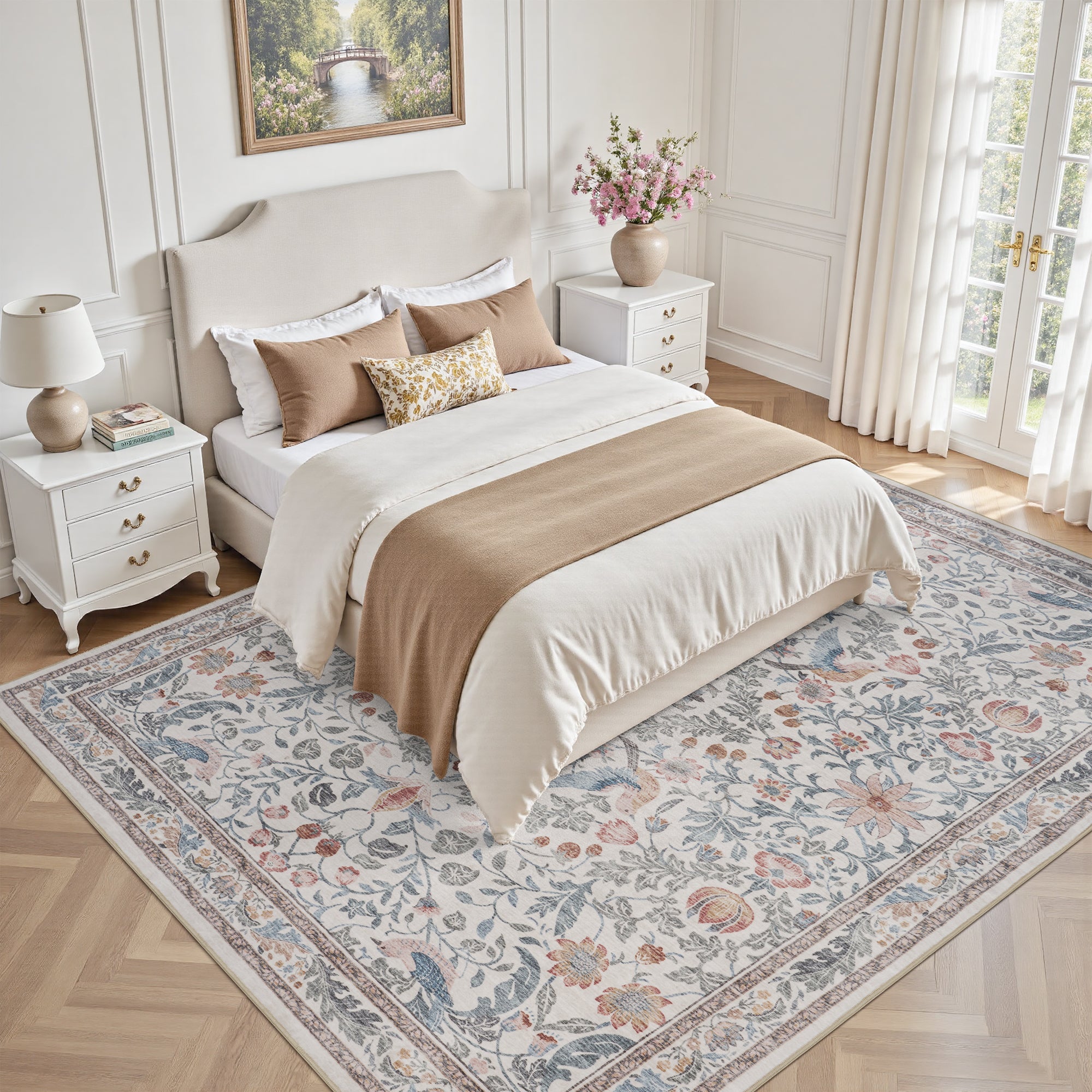 MontVoo Vintage Floral Washable Rug Beige