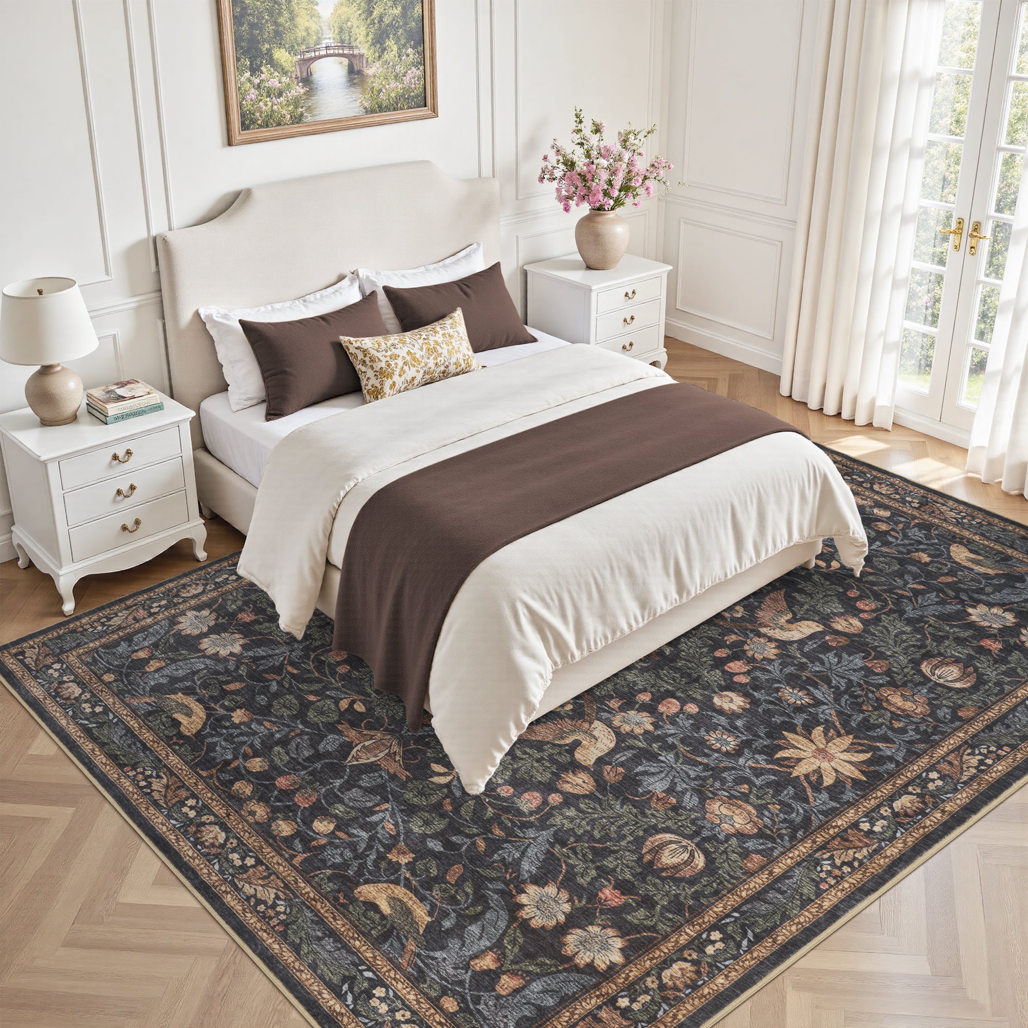 MontVoo Vintage Floral Washable Rug Charcoal