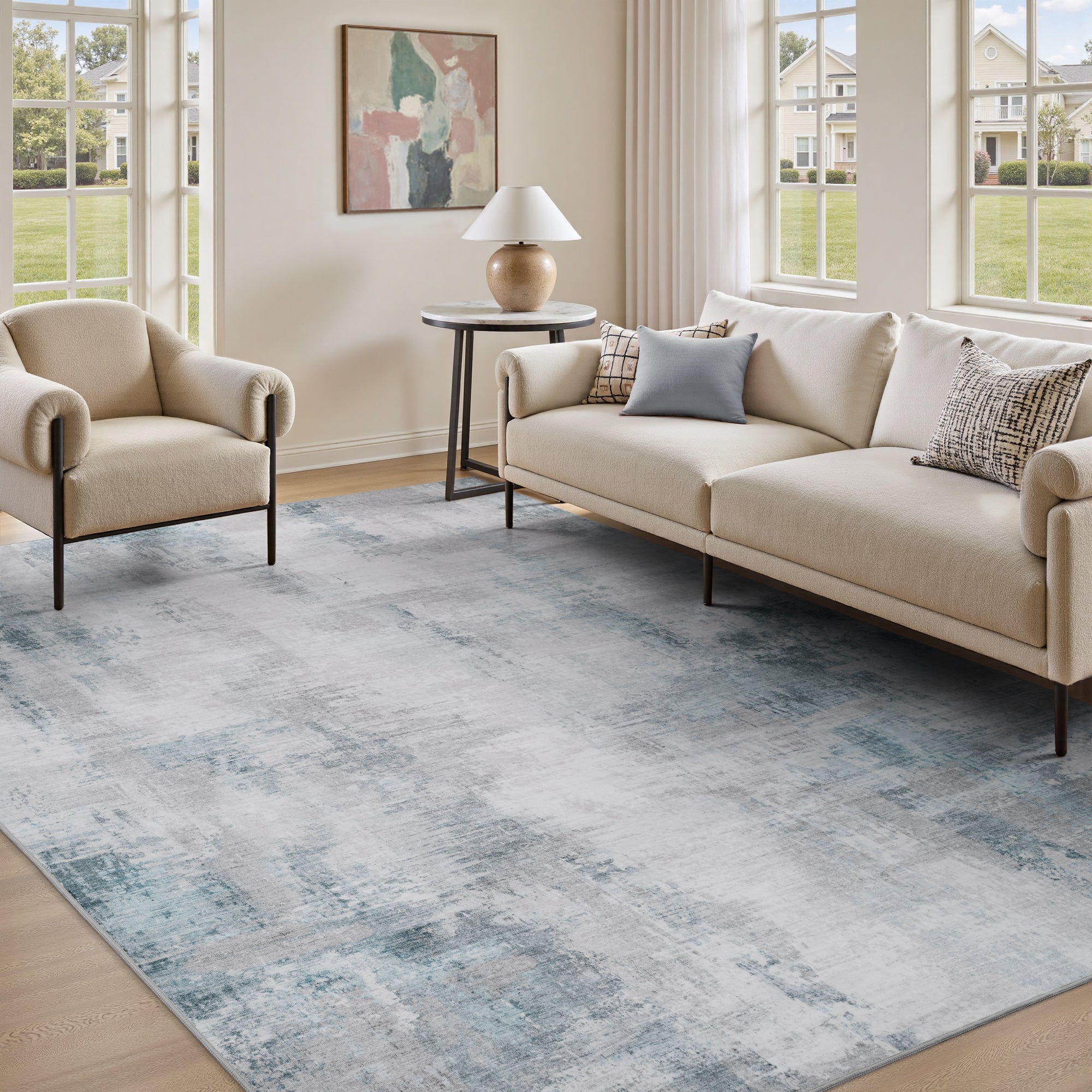 MontVoo Soft Abstract Washable Gray-Teal Area Rug