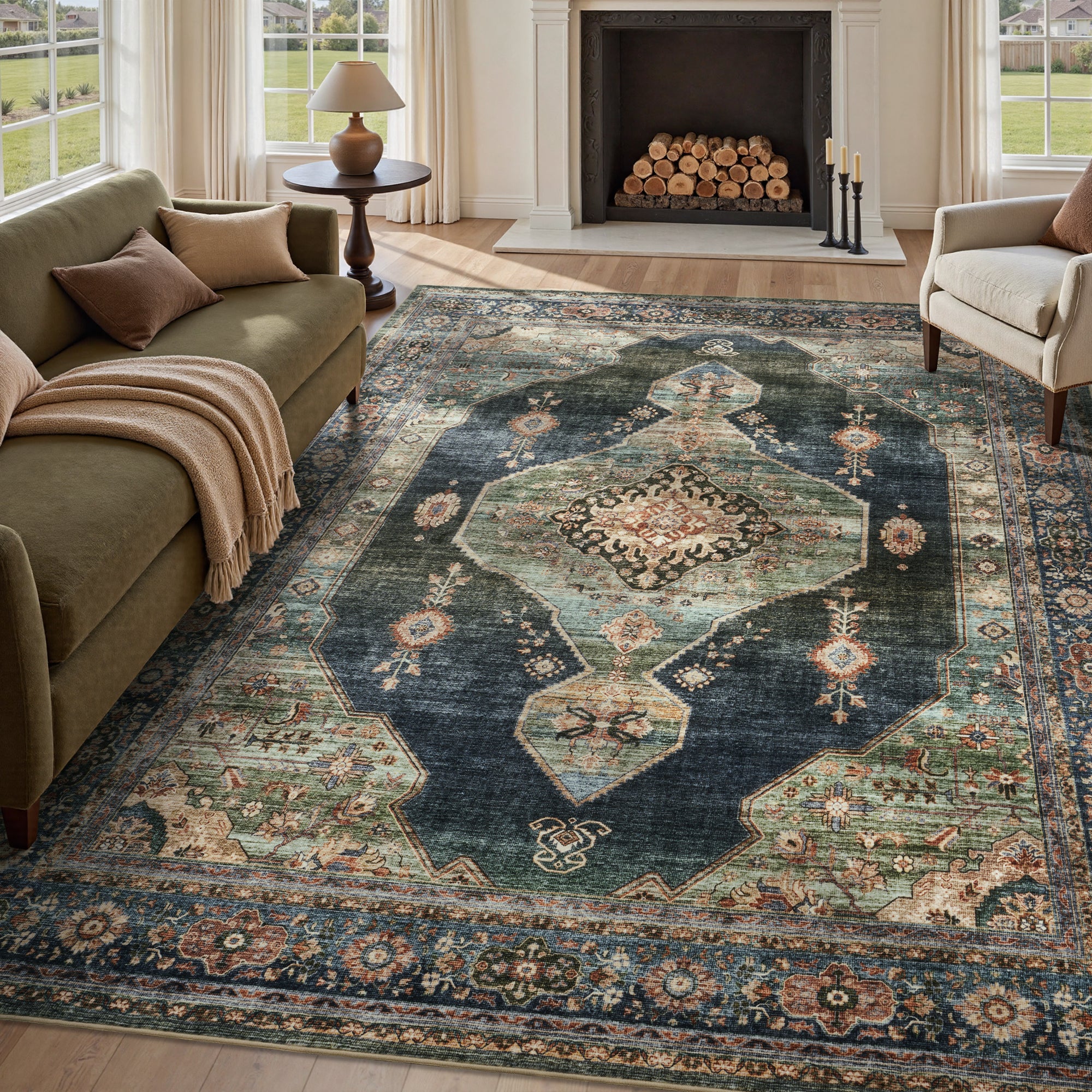 MontVoo Vintage Medallion Washable Rug Green/Teal