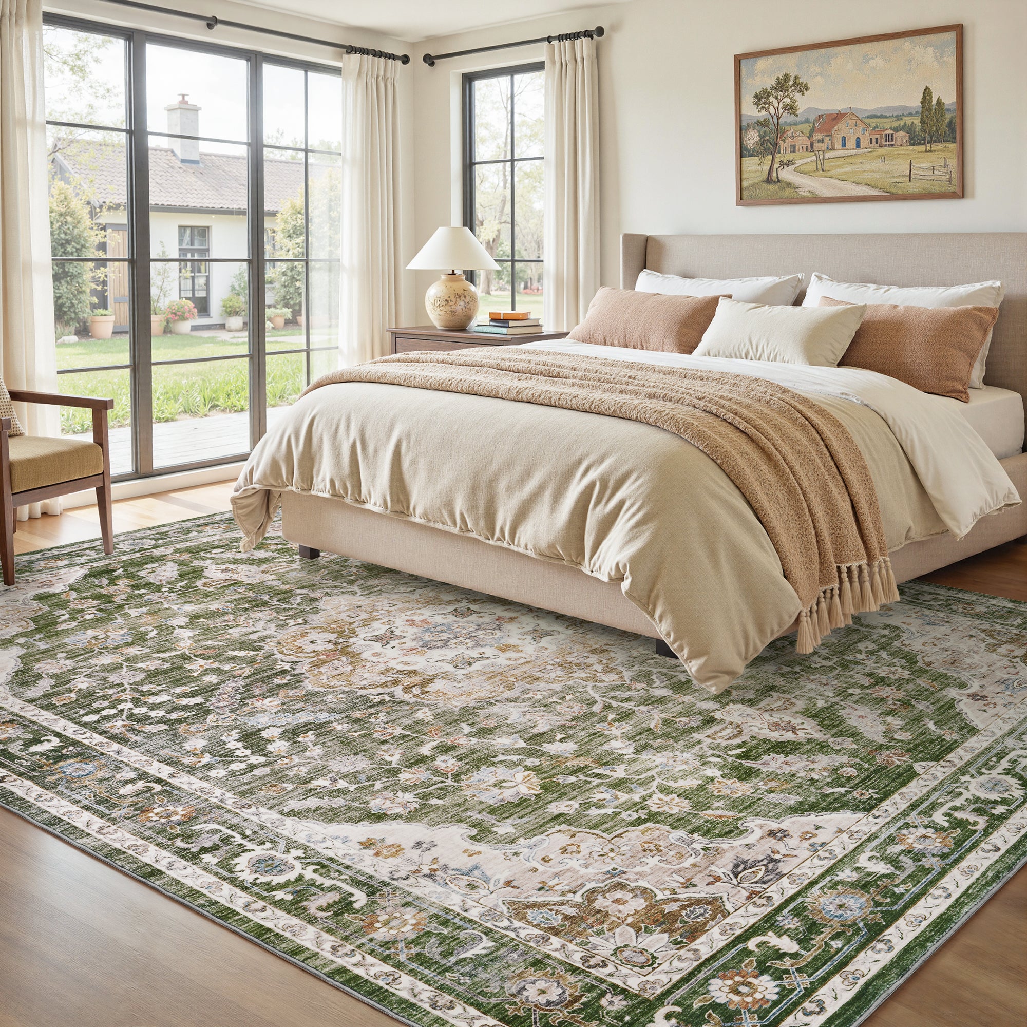 MontVoo Vintage Floral Medallion Washable Rug Green