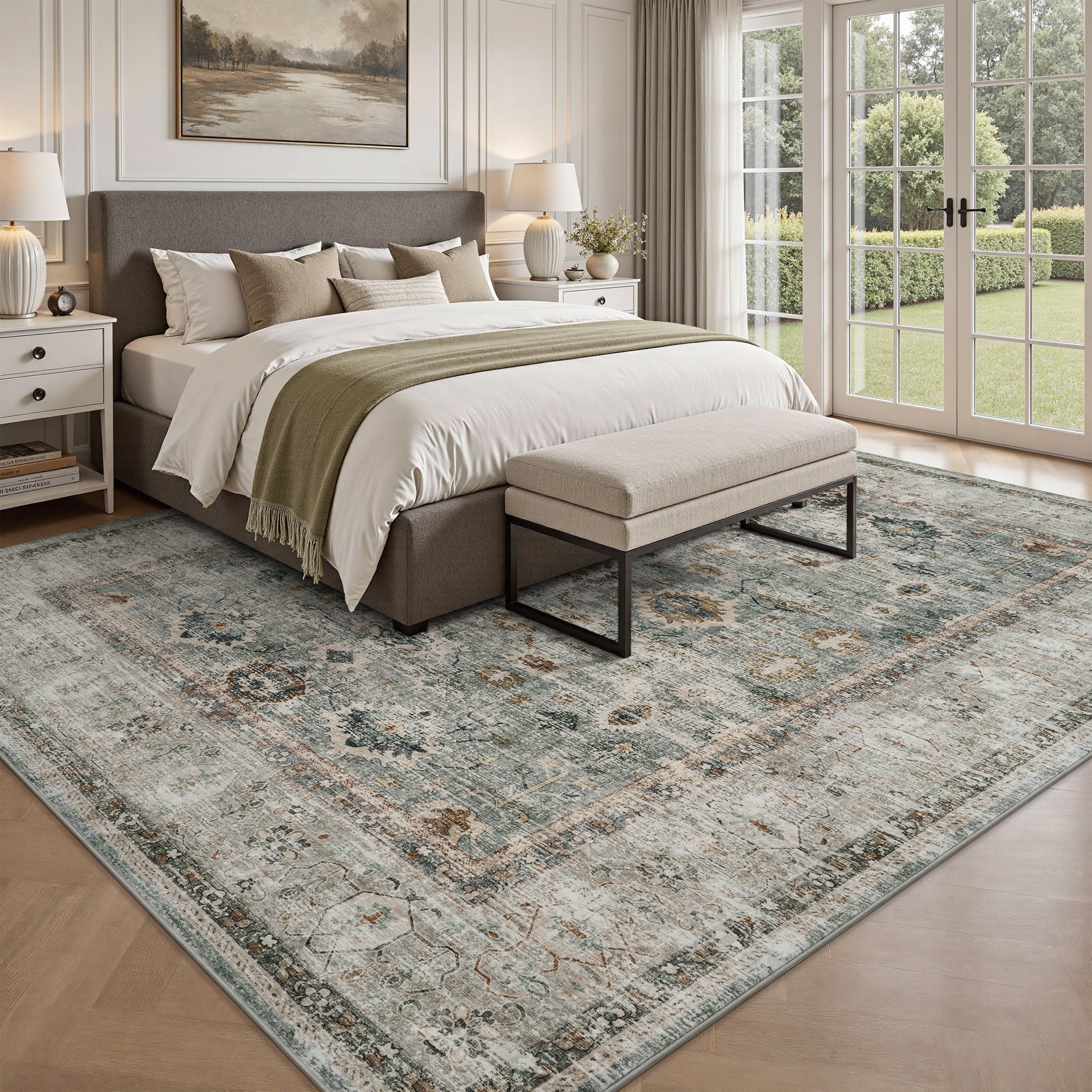 MontVoo Washable Vintage Distressed Oriental Area Rug Green
