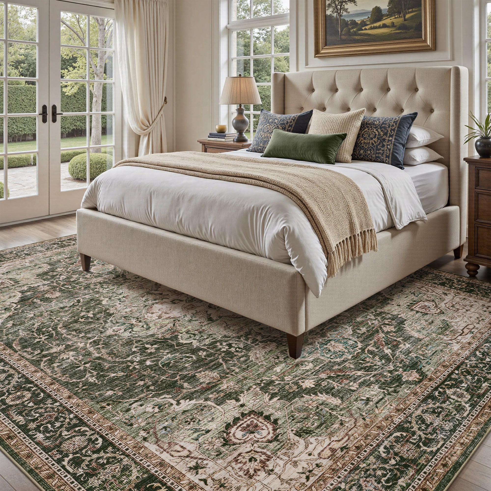 MontVoo Vintage Medallion Non-Slip Washable Rug Green