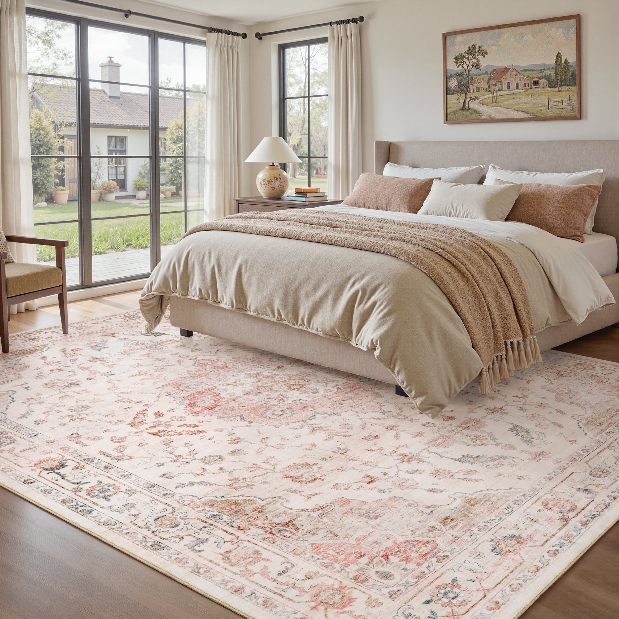 MontVoo Vintage Floral Medallion Washable Rug Pink