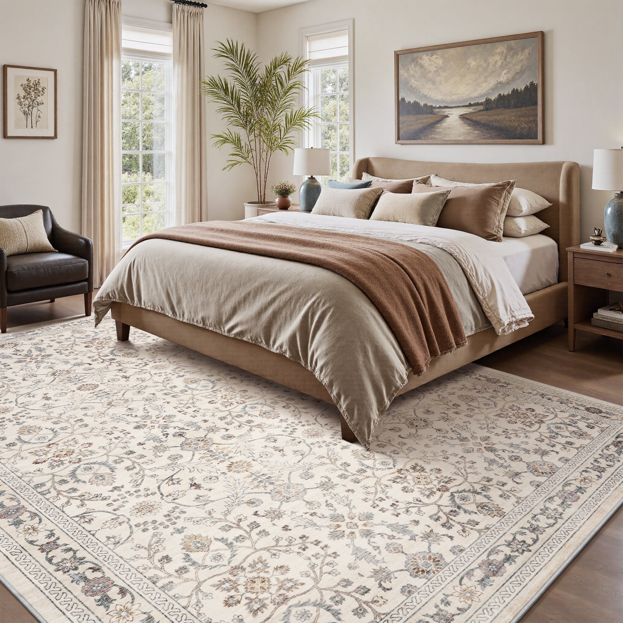 MontVoo Vintage Floral Washable Rugs Beige