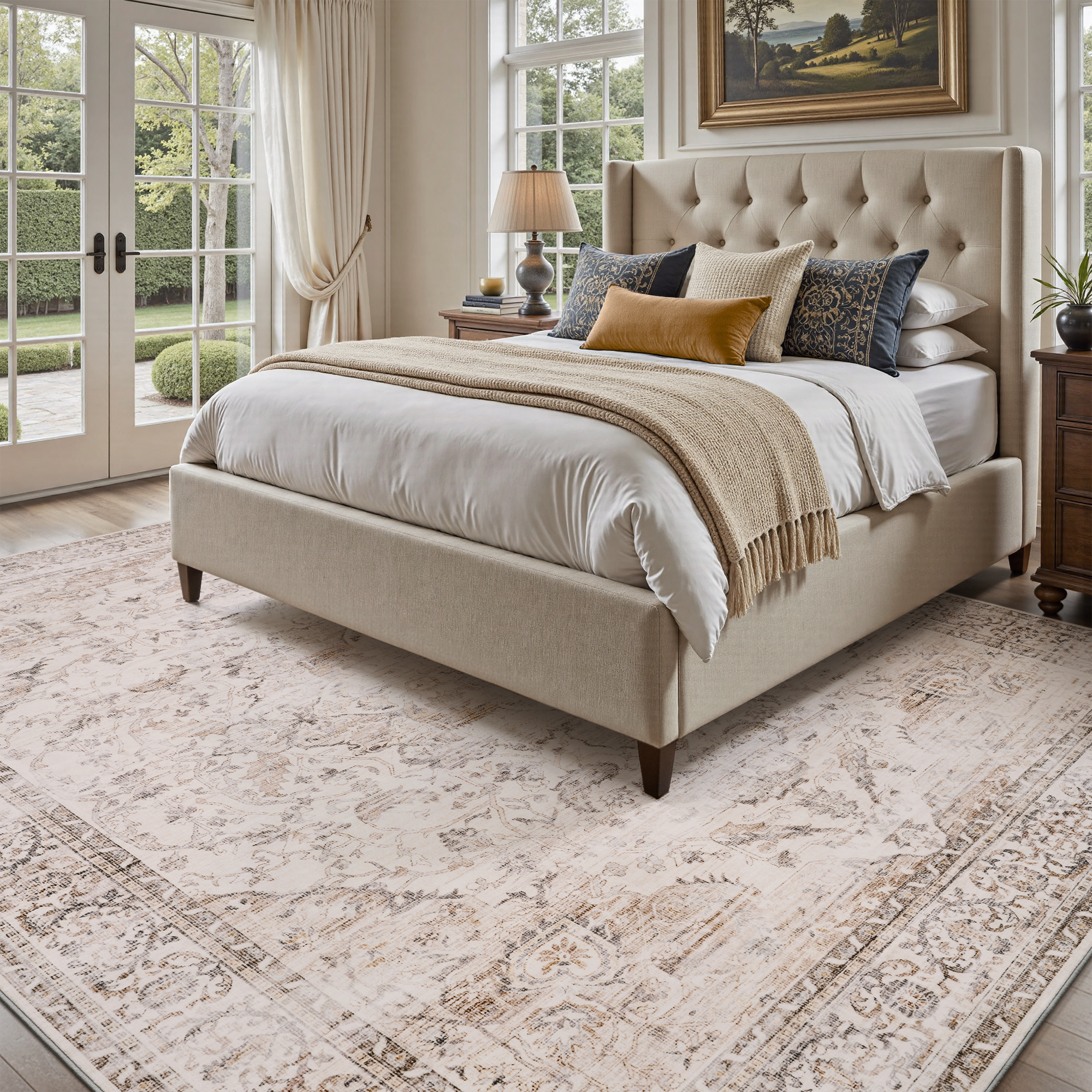 MontVoo Vintage Medallion Non-Slip Washable Rug Beige