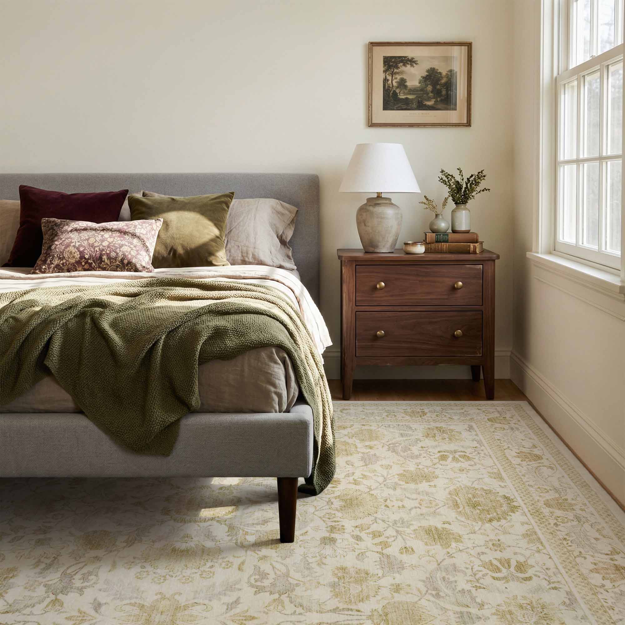 MontVoo Vintage Floral Washable Rug Gold