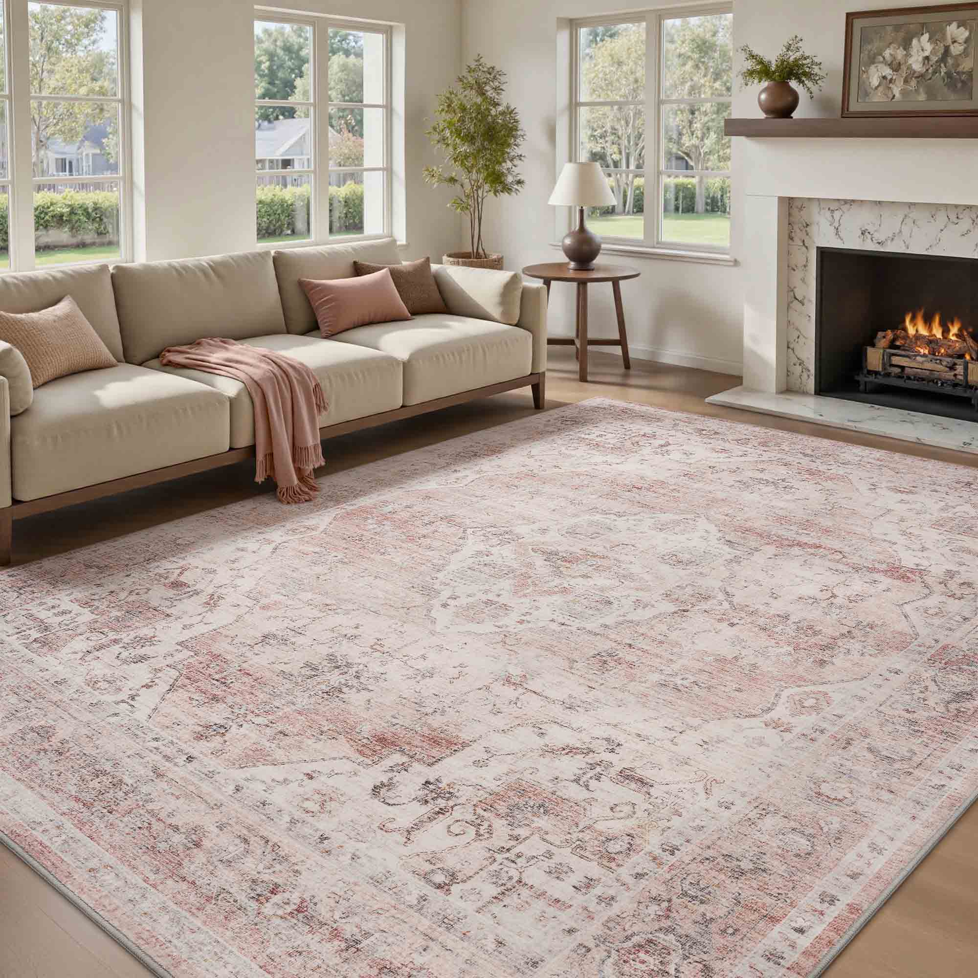 MontVoo Pink Floral Non-Slip Washable Rug