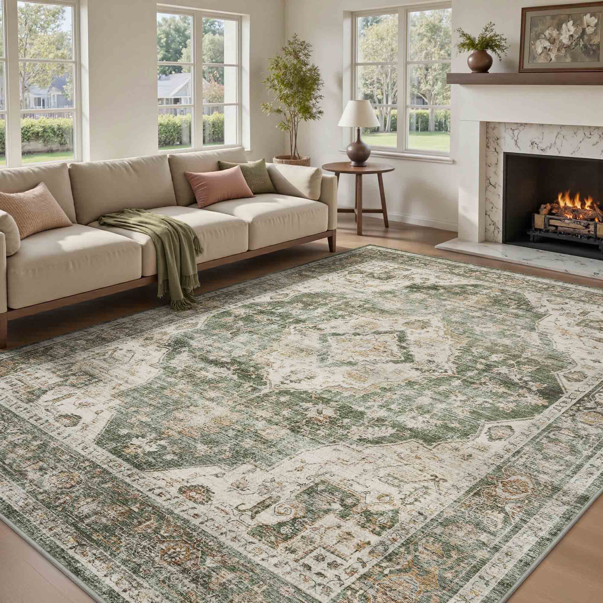 MontVoo Classic Floral Green Washable Rug