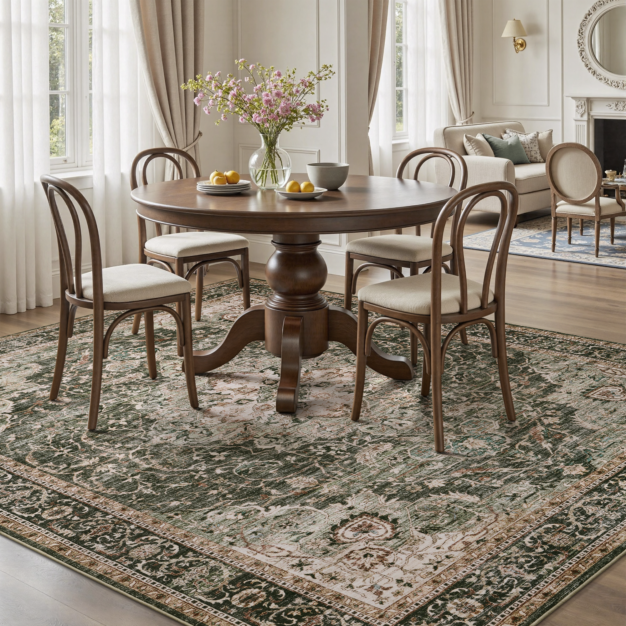 MontVoo Vintage Medallion Non-Slip Washable Rug Green