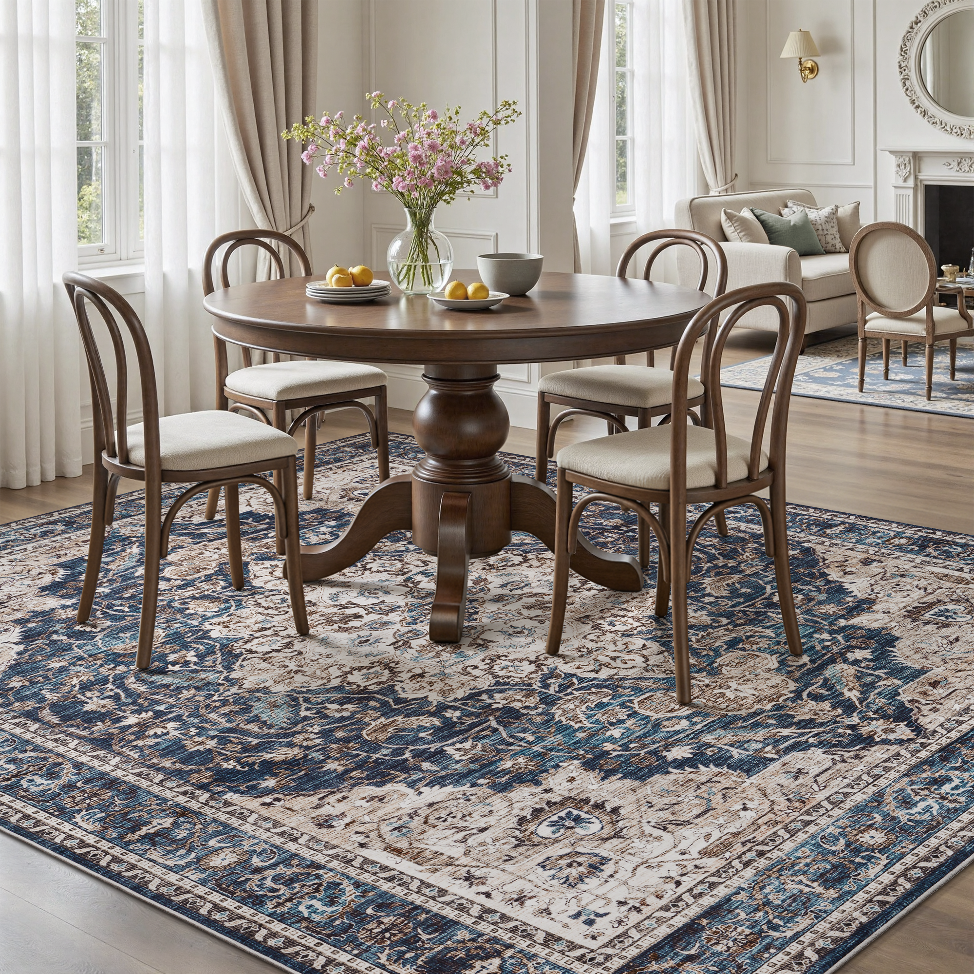 MontVoo Vintage Medallion Non-Slip Washable Rug Blue