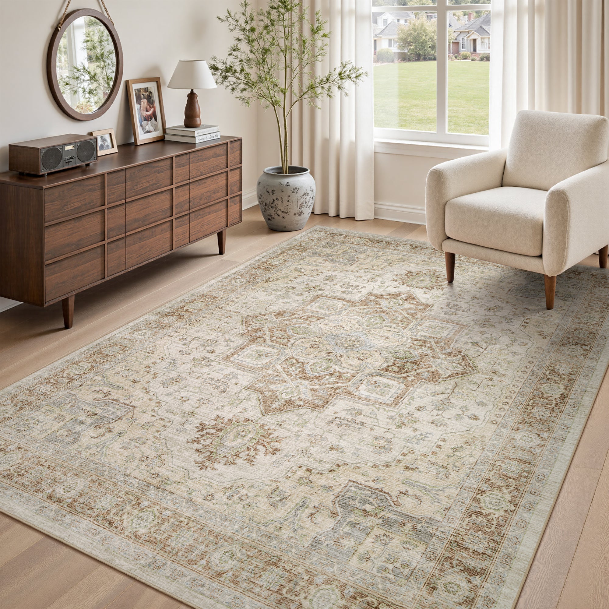 Alfombra floral oriental lavable a máquina MontVoo marrón