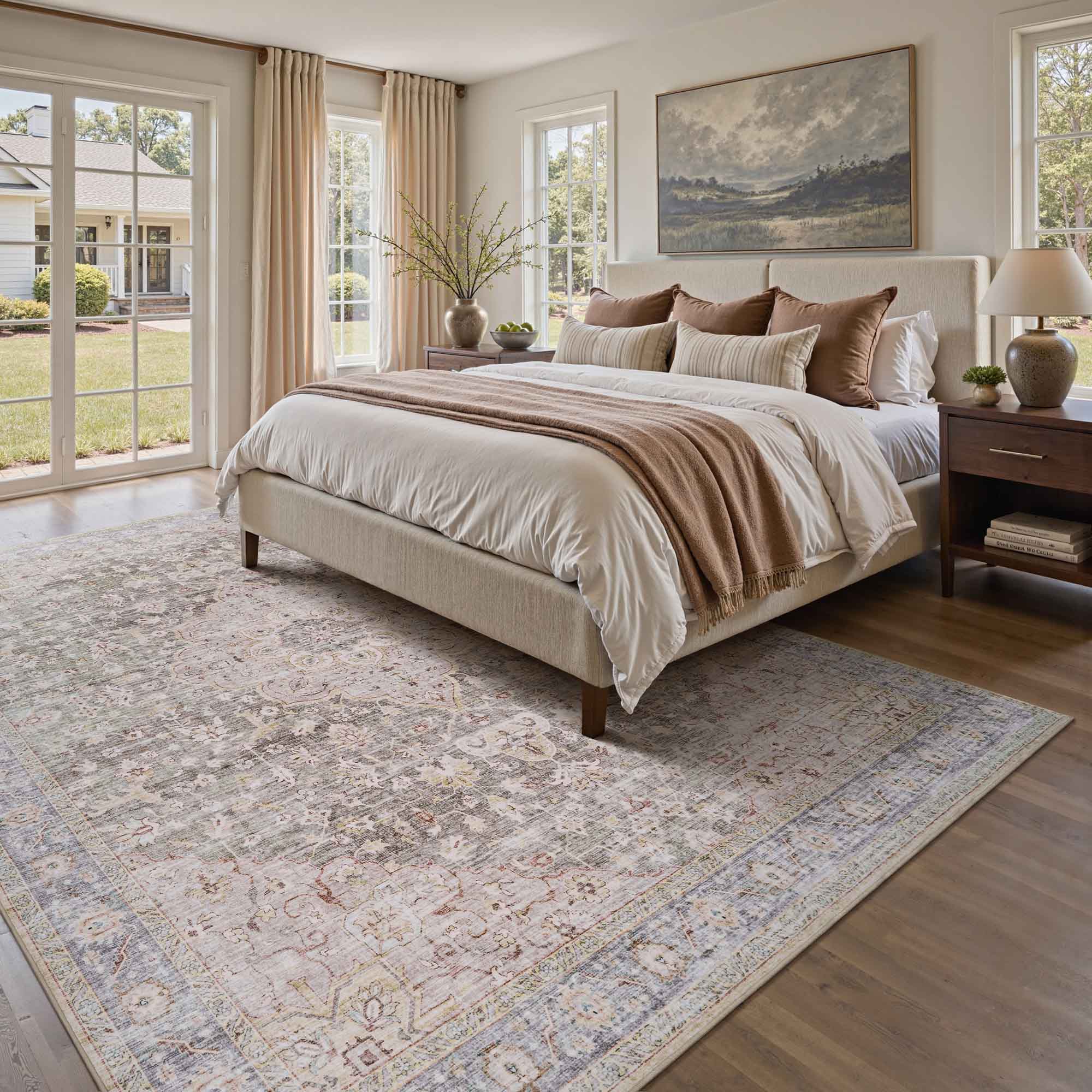 MontVoo Taupe Medallion Floral Washable Rug