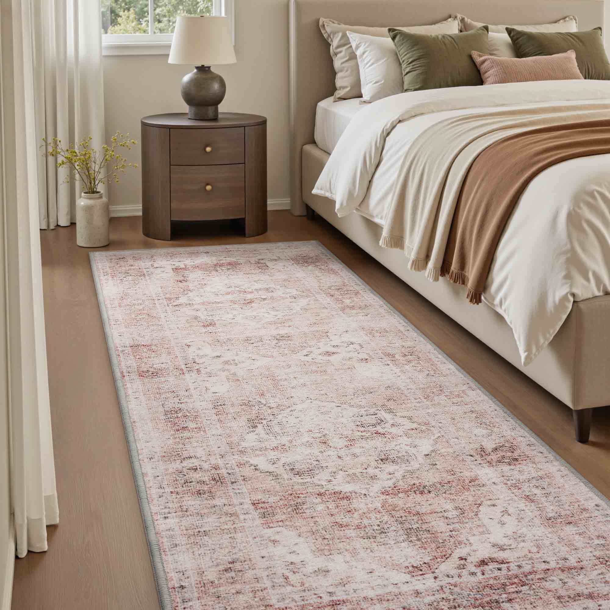 MontVoo Pink Floral Non-Slip Washable Rug