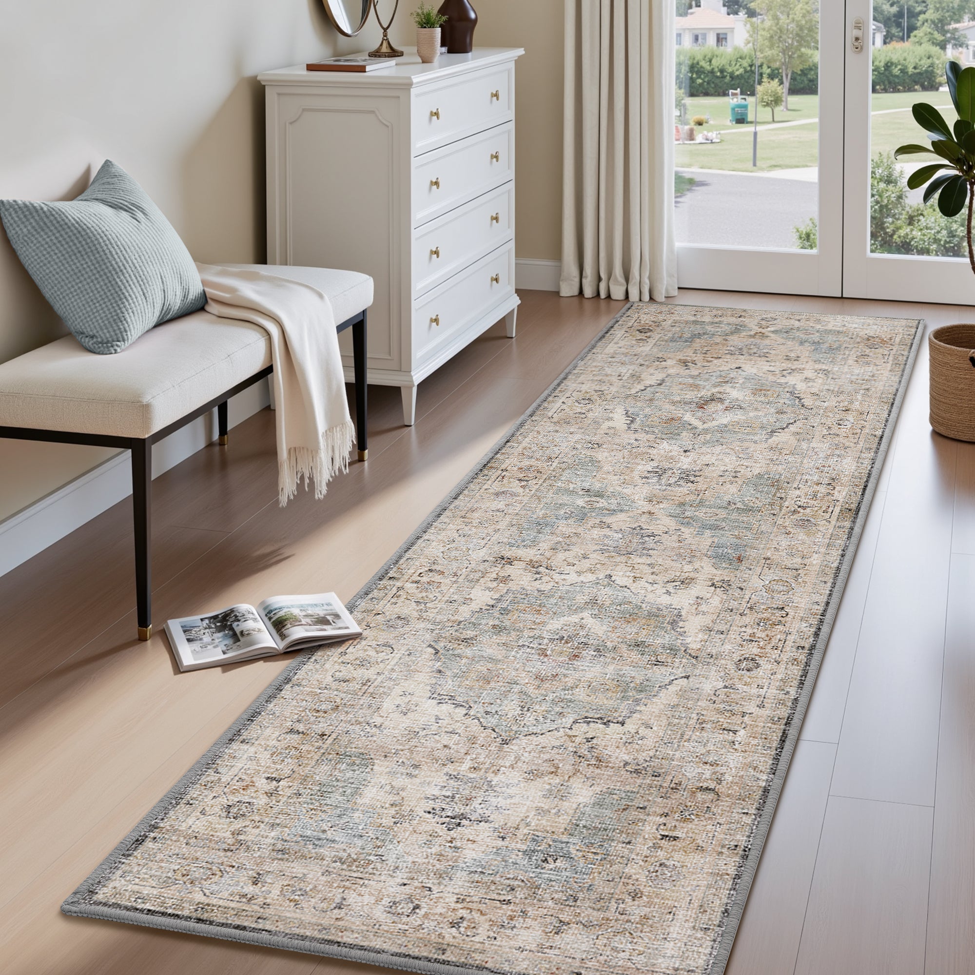 MontVoo Classic Floral Lake Blue Washable Rug
