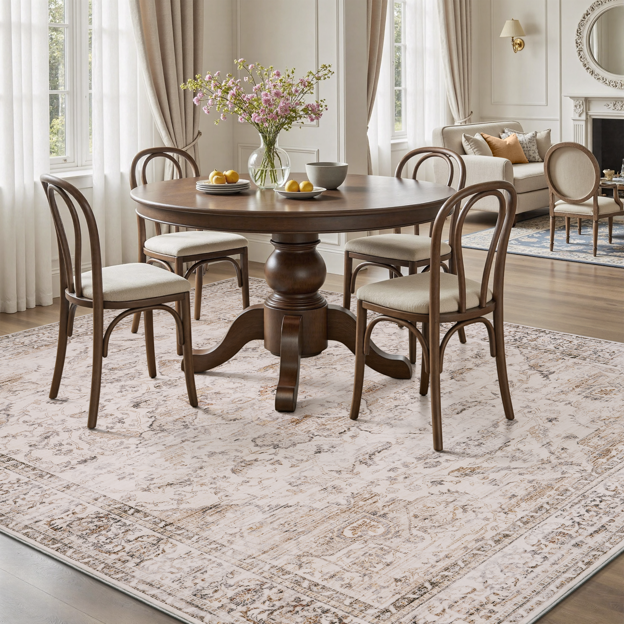 MontVoo Vintage Medallion Non-Slip Washable Rug Beige
