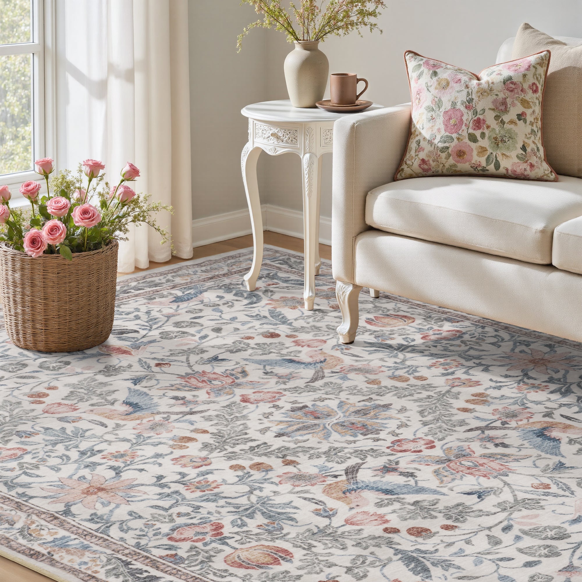 MontVoo Vintage Floral Washable Rug Beige