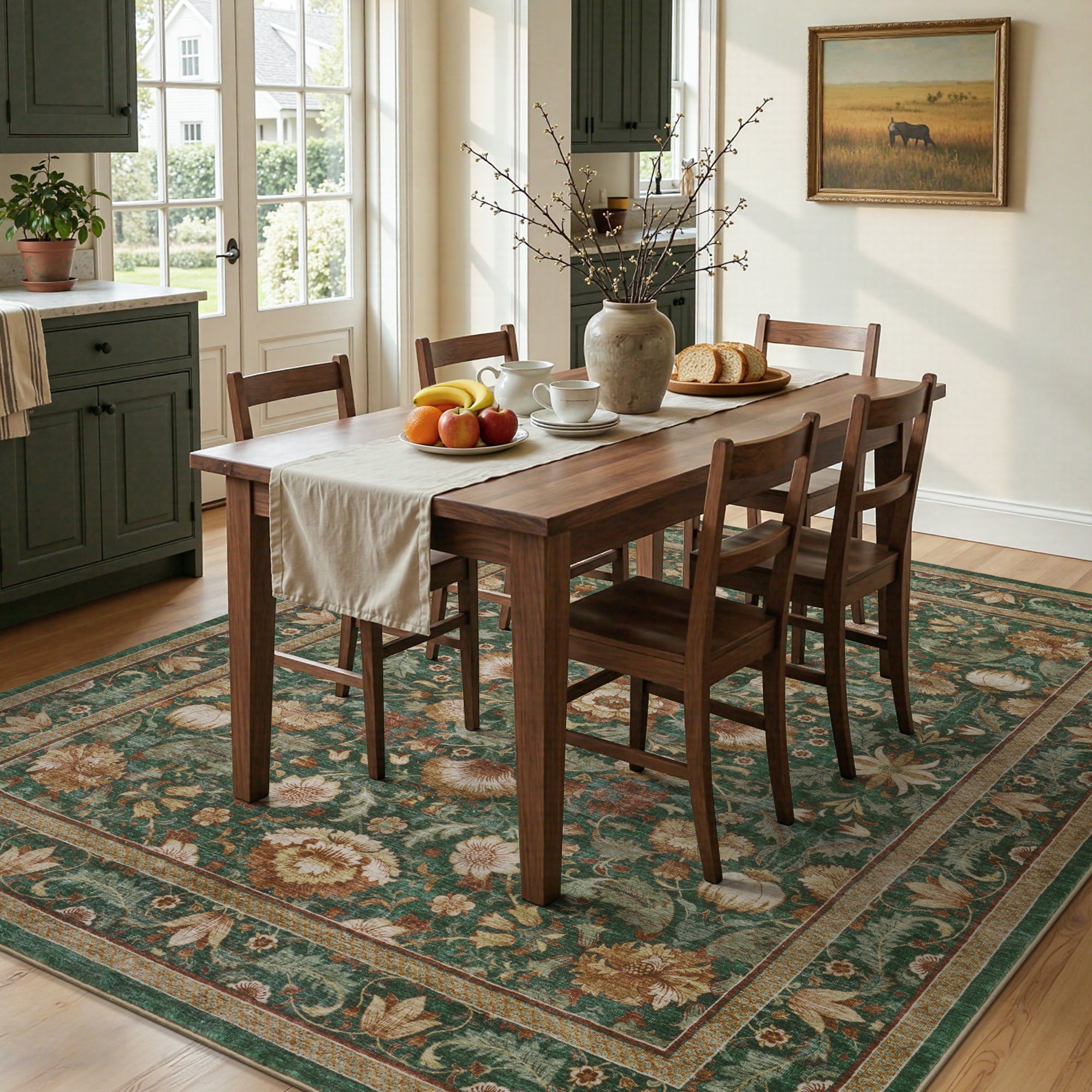 MontVoo Vintage Floral Washable Rug Green