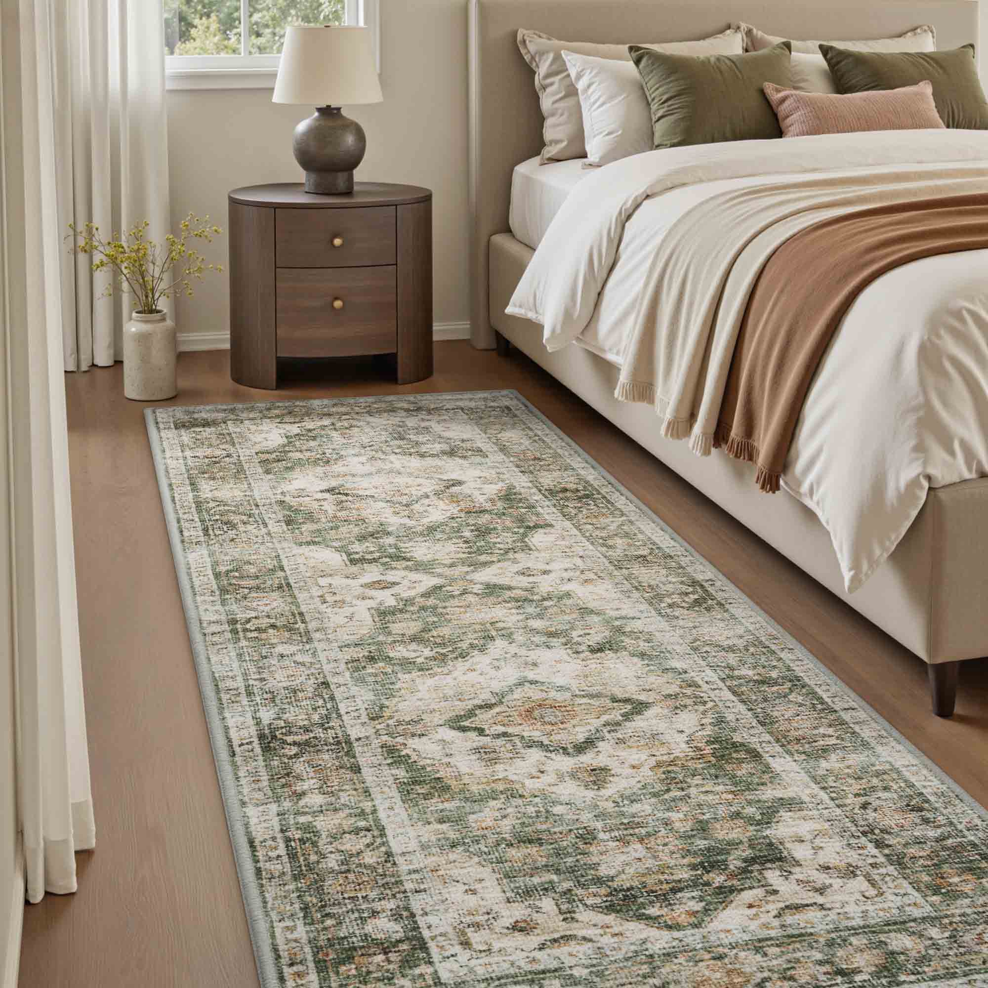 MontVoo Classic Floral Green Washable Rug