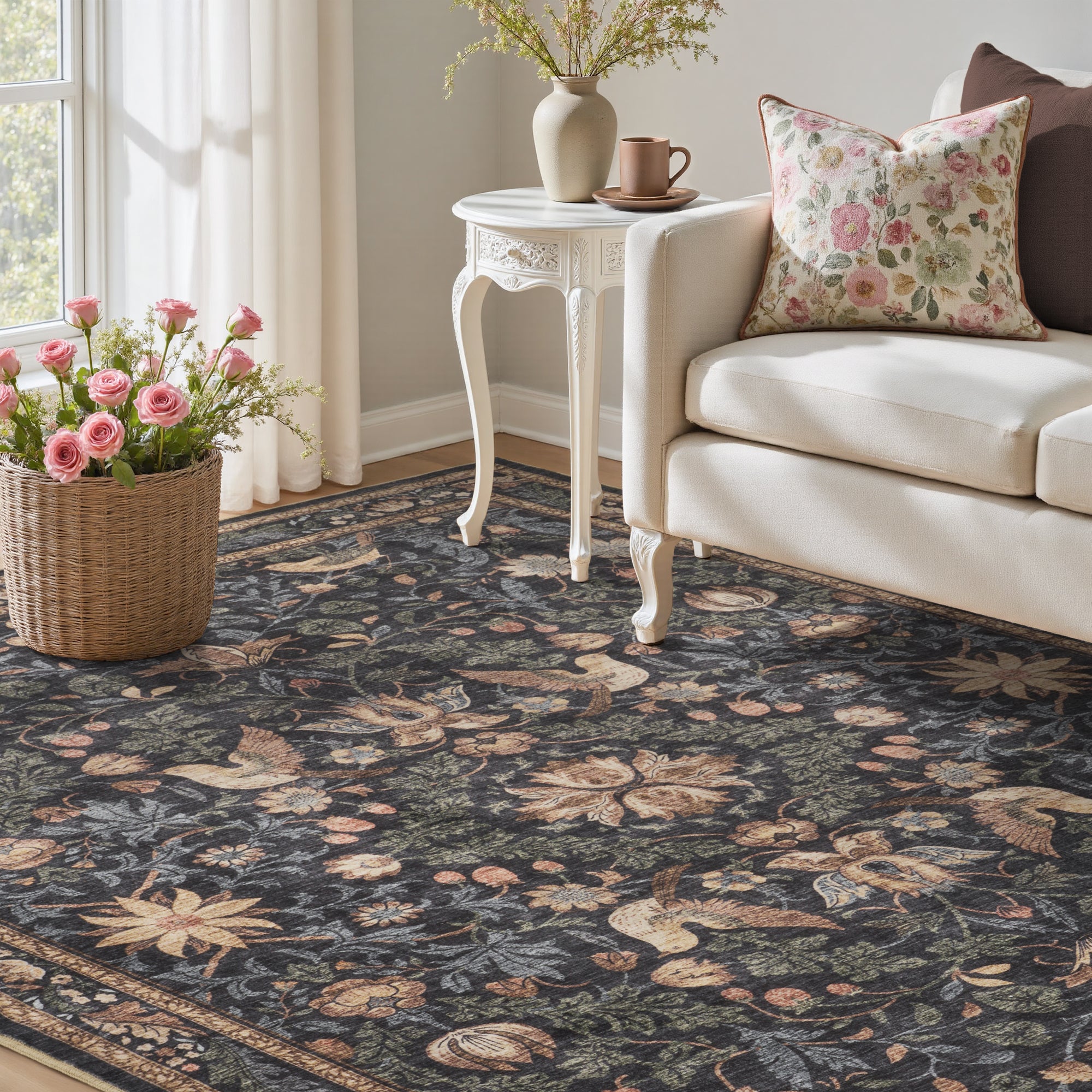 MontVoo Vintage Floral Washable Rug Charcoal