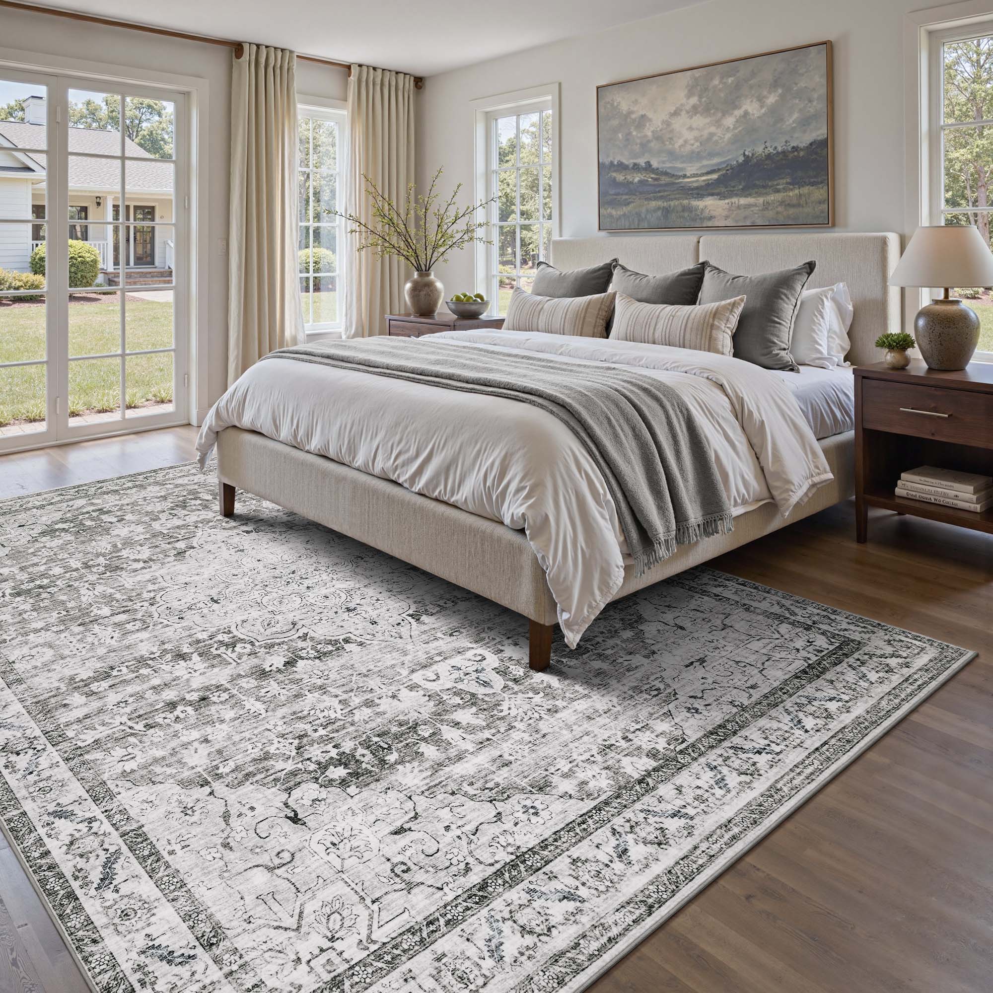 MontVoo Gray Medallion Floral Washable Rug