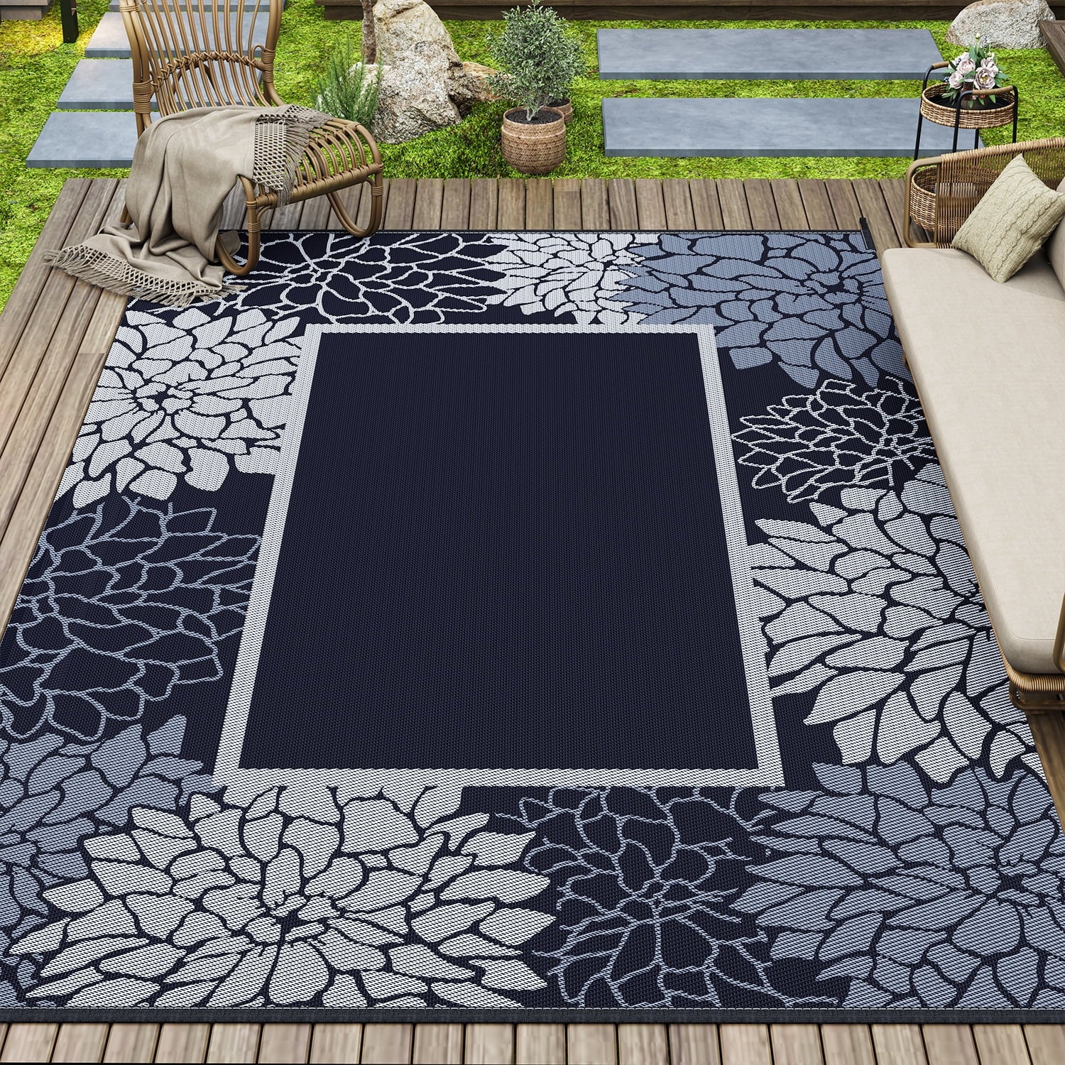 SIXHOME Floral Border Outdoor Rug