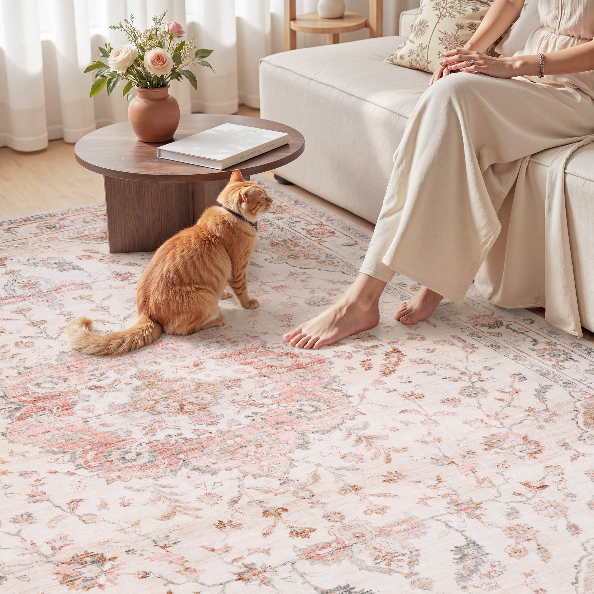 MontVoo Vintage Floral Medallion Washable Rug Pink