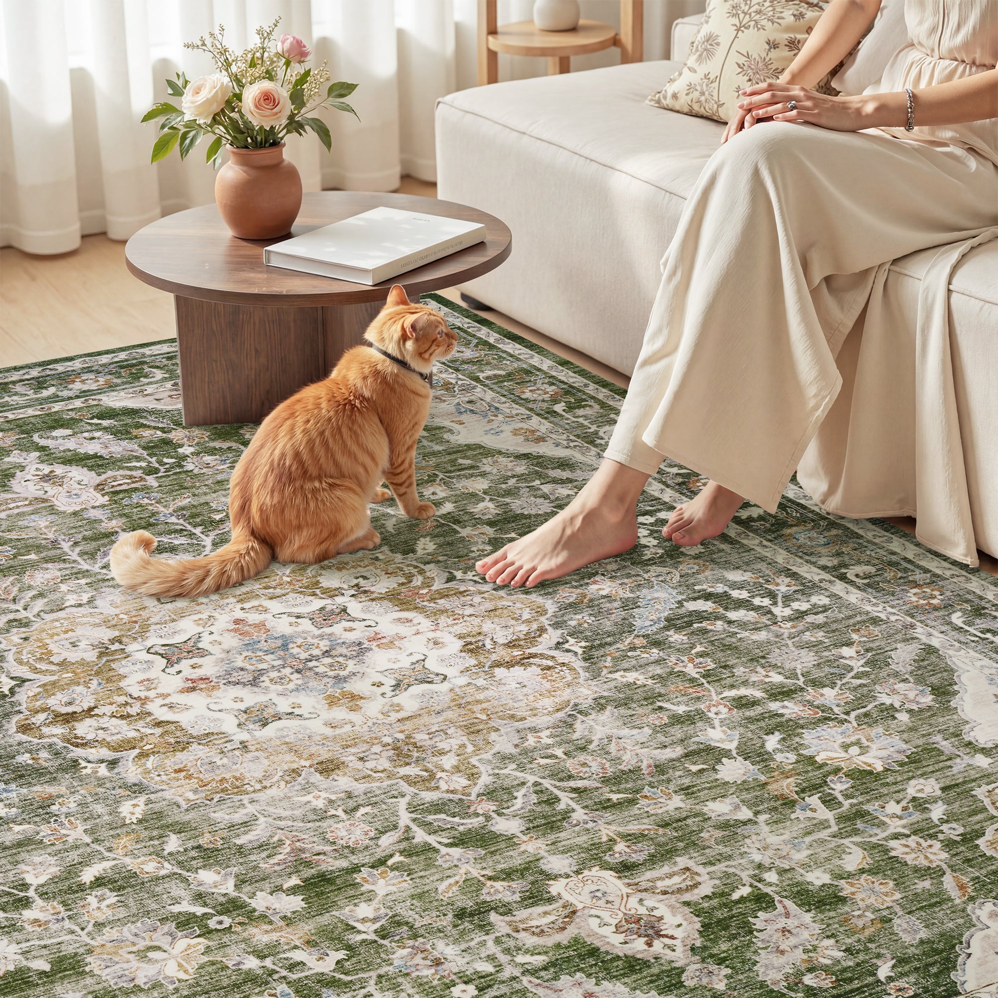MontVoo Vintage Floral Medallion Washable Rug Green