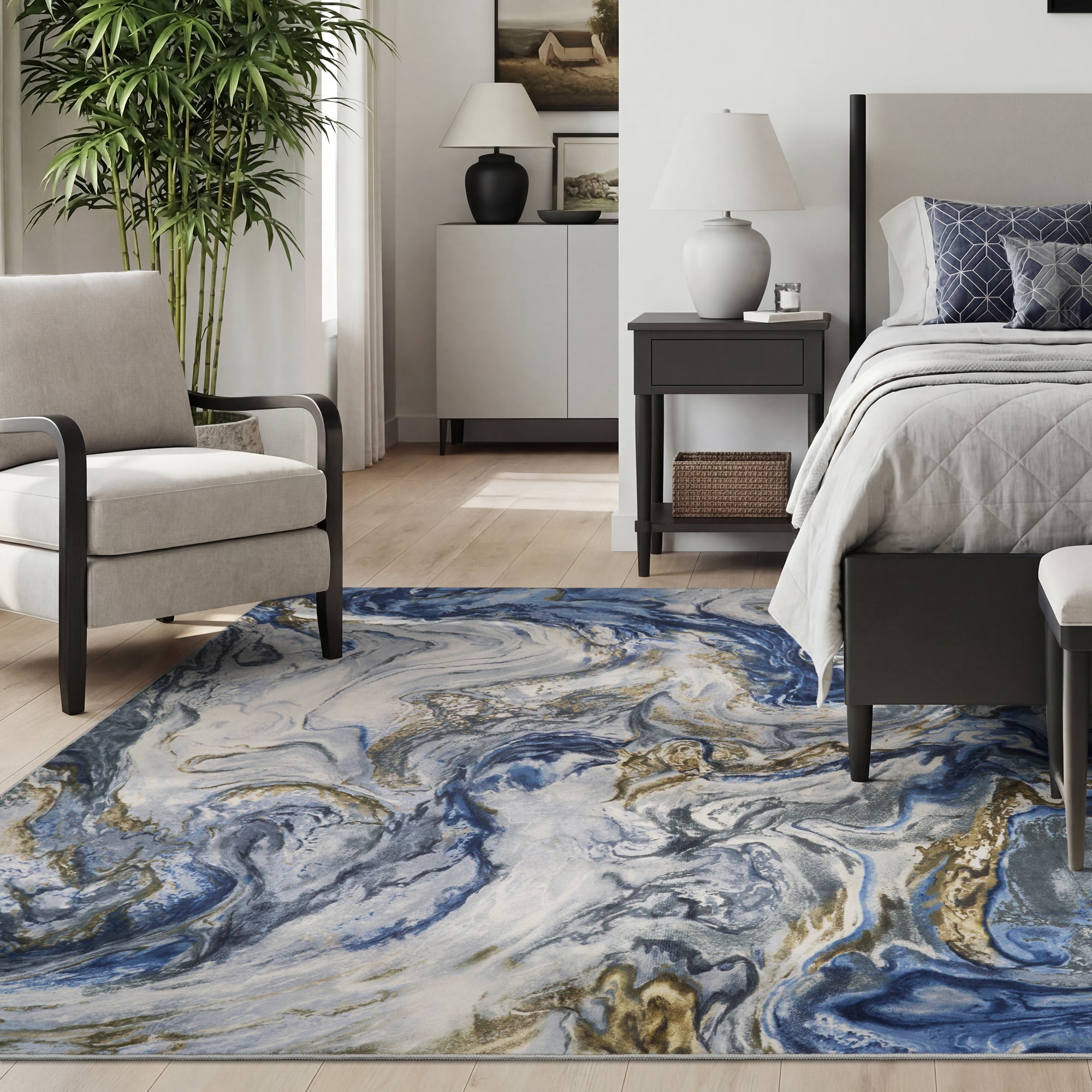 MontVoo Modern Marble Pattern Washable Rug Blue