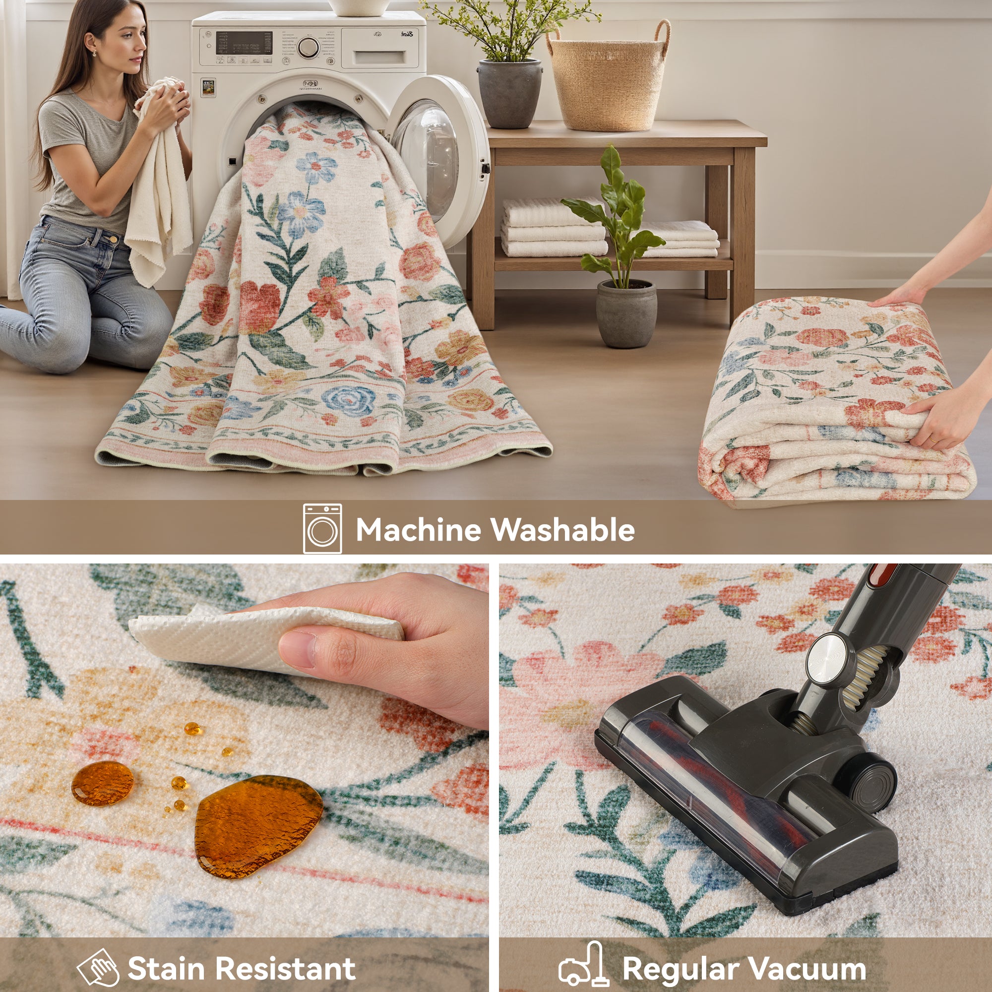 MontVoo Vintage Floral Soft Washable Rug Beige