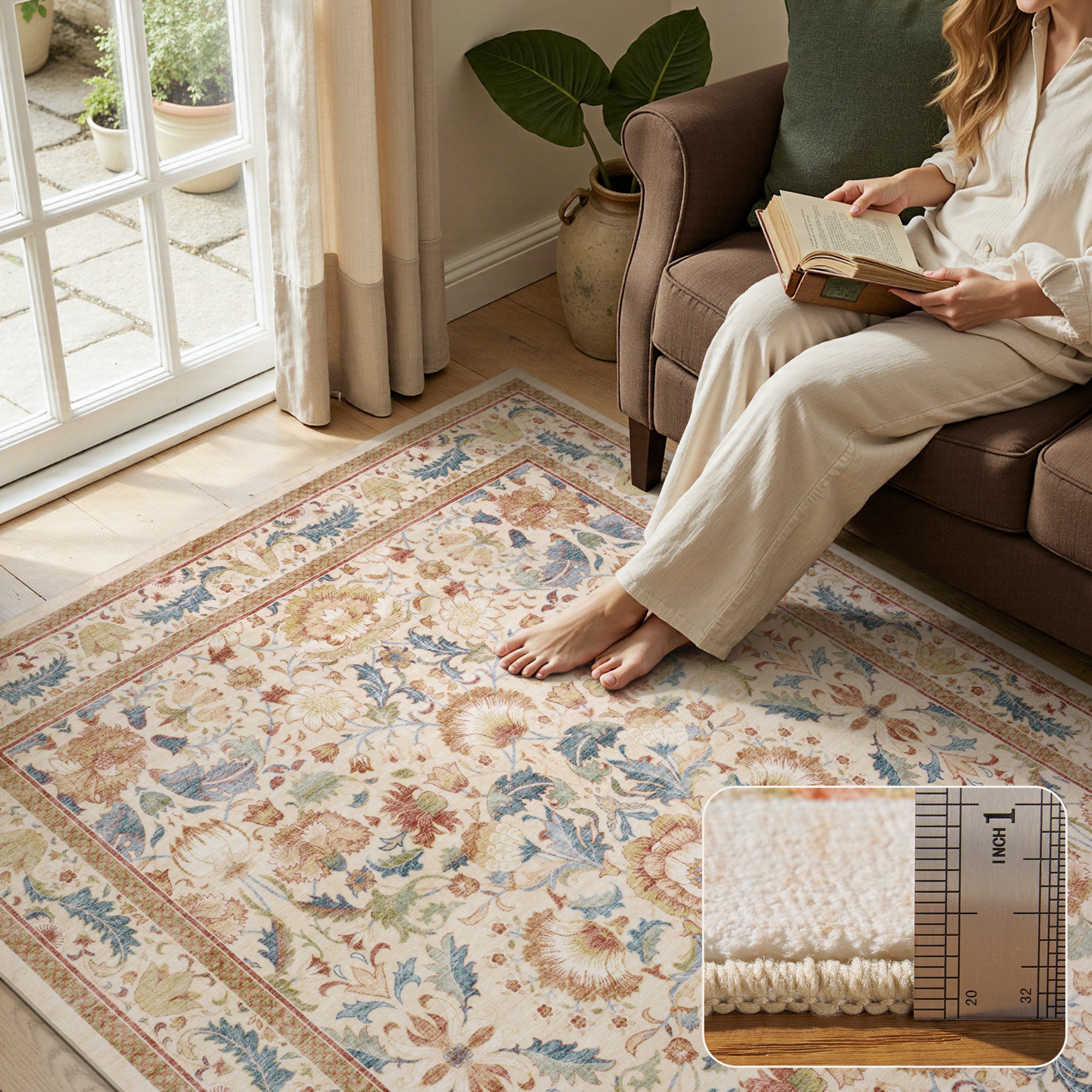 MontVoo Vintage Floral Washable Rug Orange