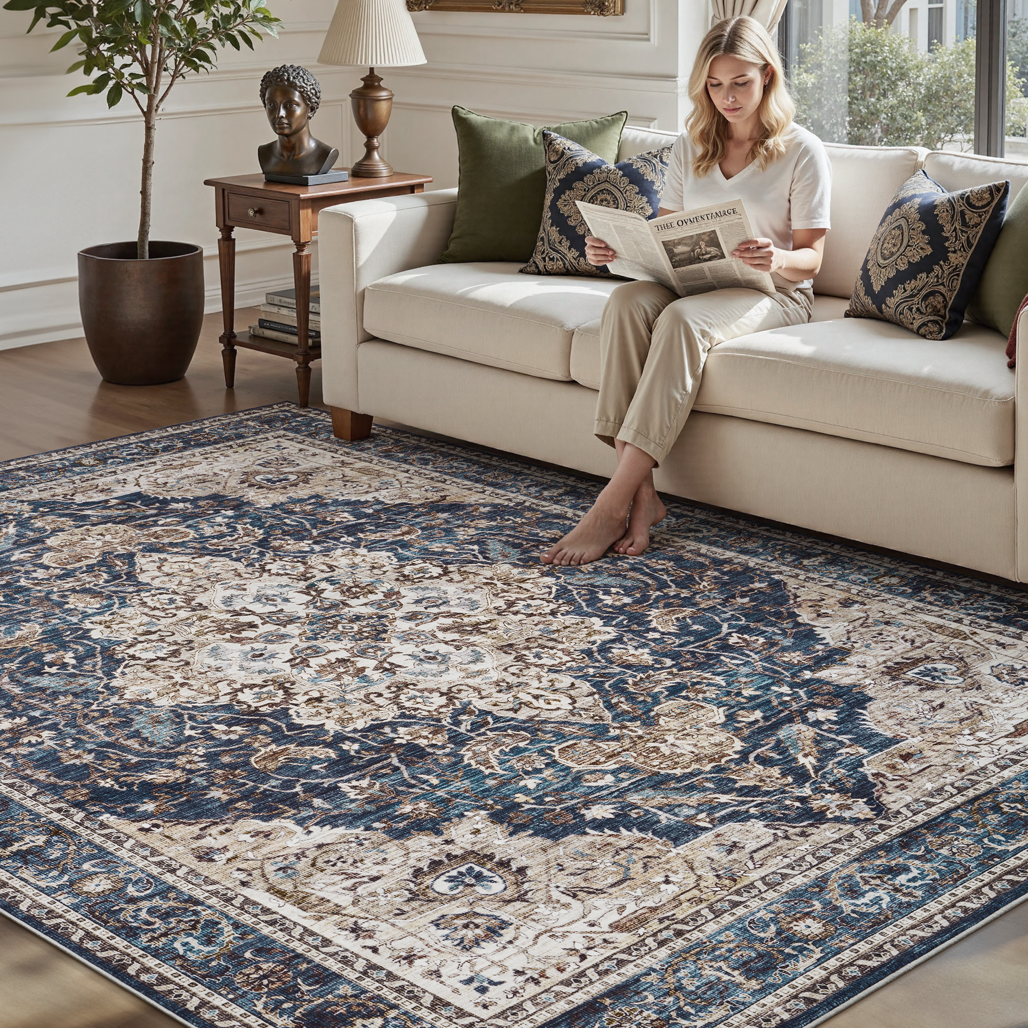 MontVoo Vintage Medallion Non-Slip Washable Rug Blue