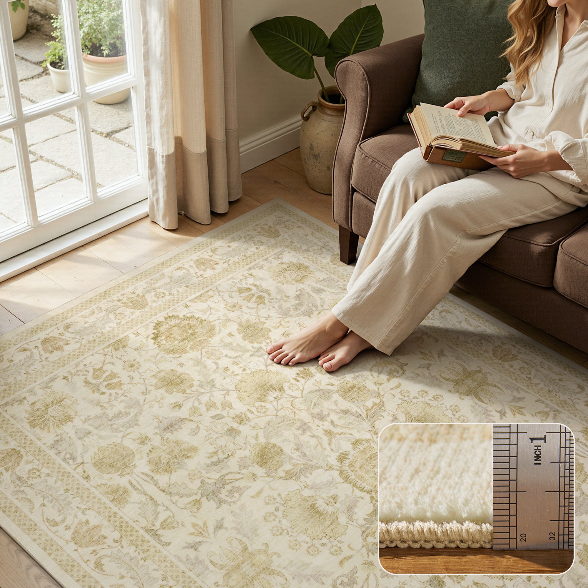 MontVoo Vintage Floral Washable Rug Gold