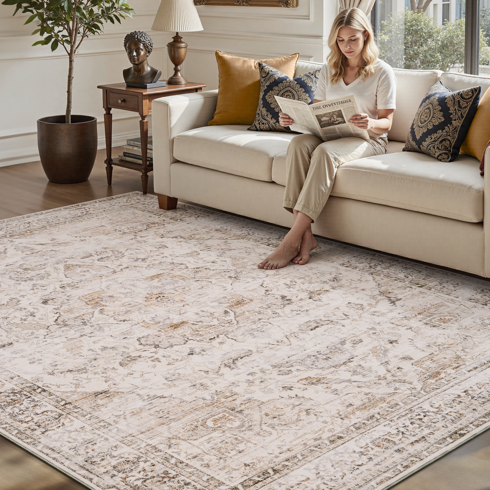MontVoo Vintage Medallion Non-Slip Washable Rug Beige