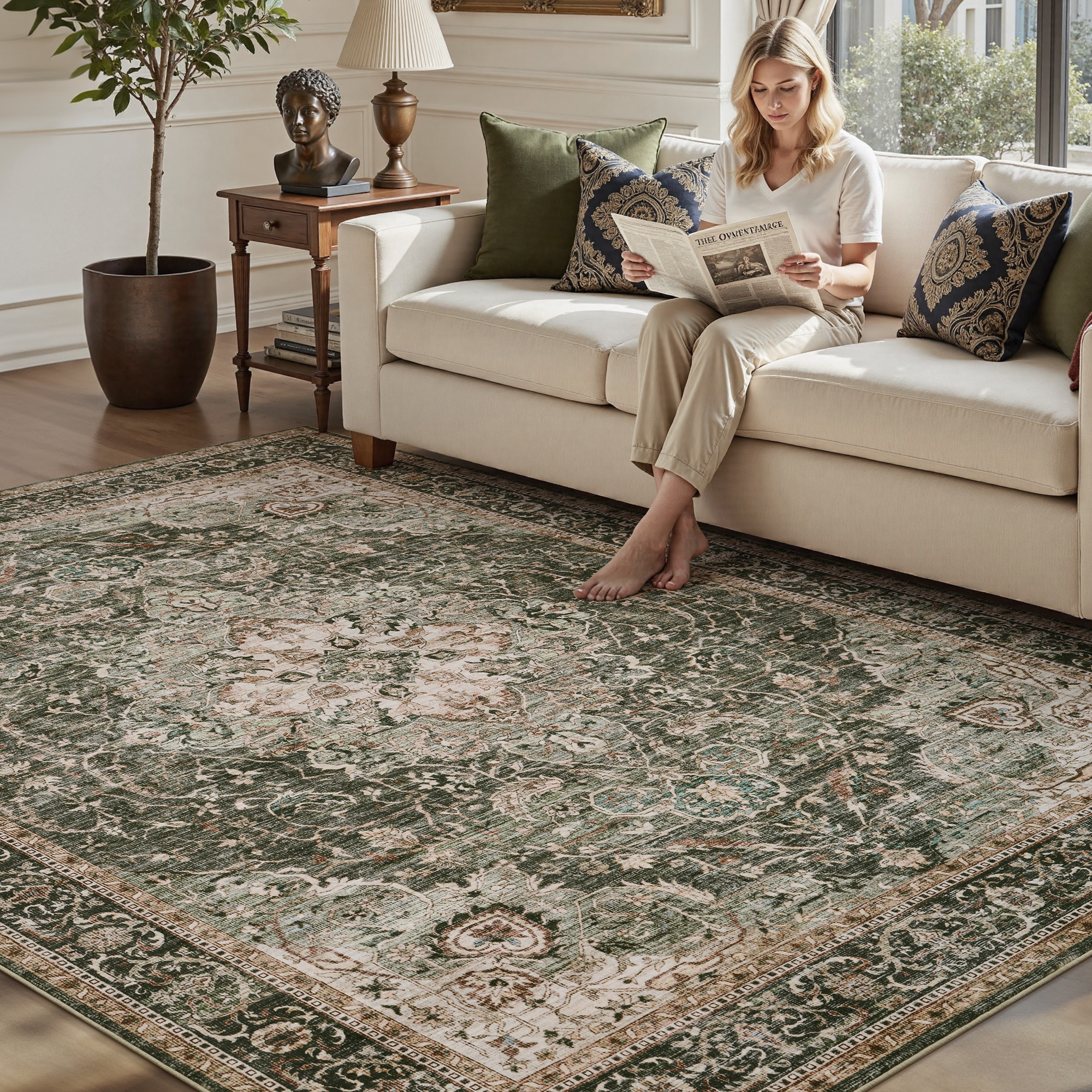 MontVoo Vintage Medallion Non-Slip Washable Rug Green