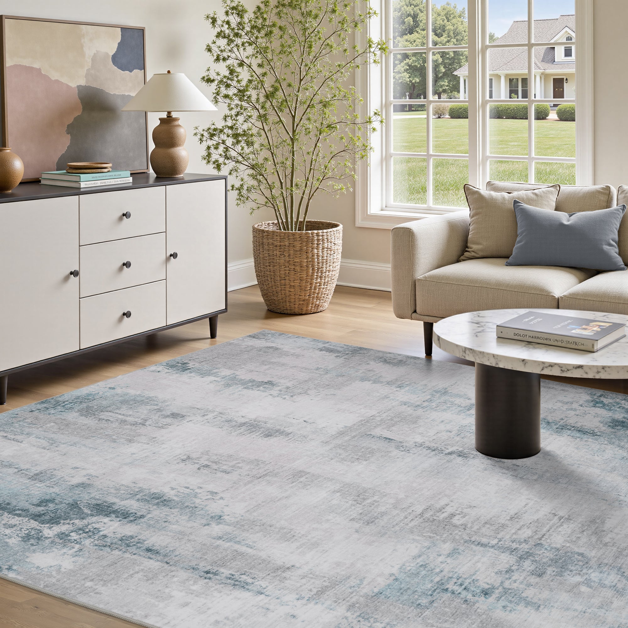 MontVoo Soft Abstract Washable Gray-Teal Area Rug