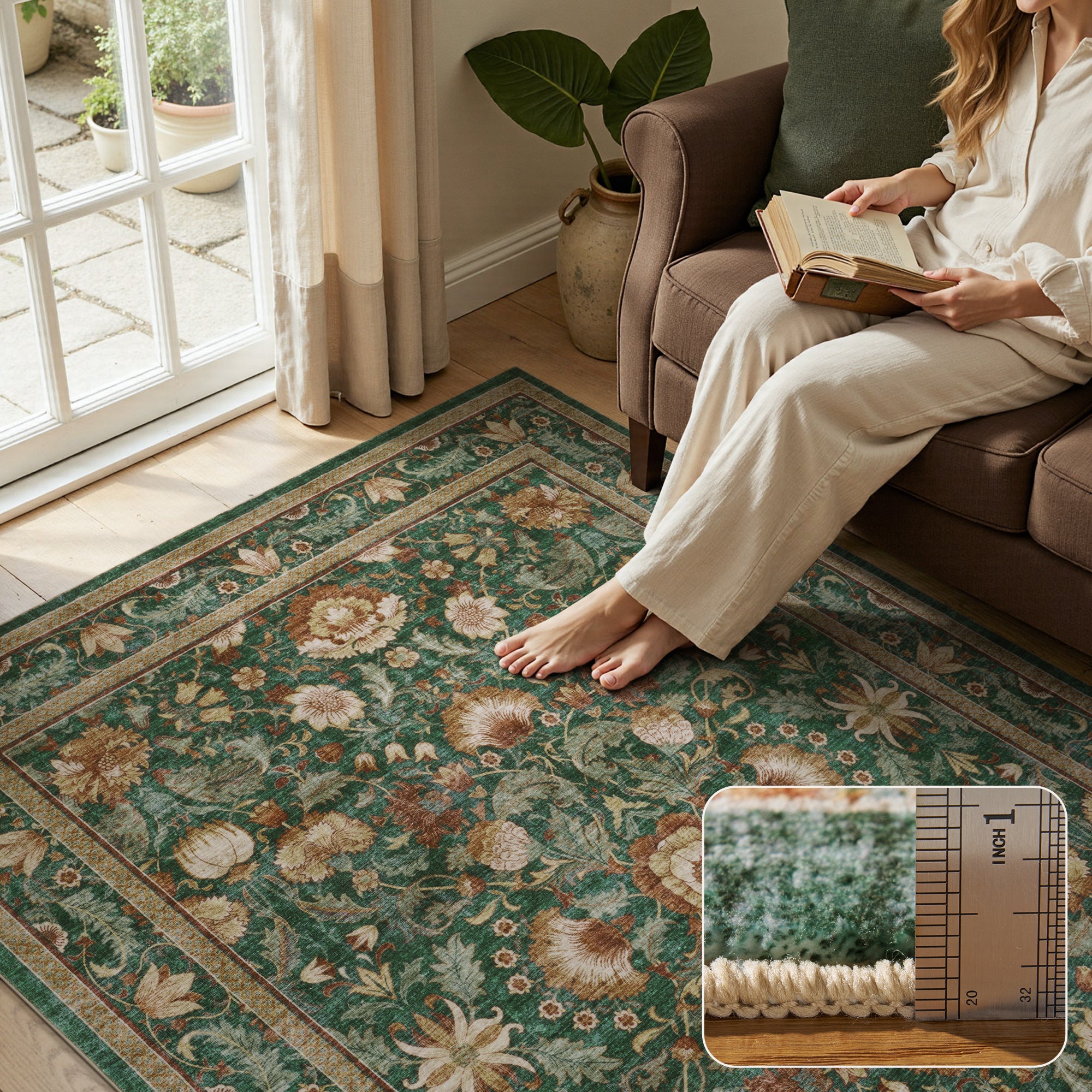 MontVoo Vintage Floral Washable Rug Green