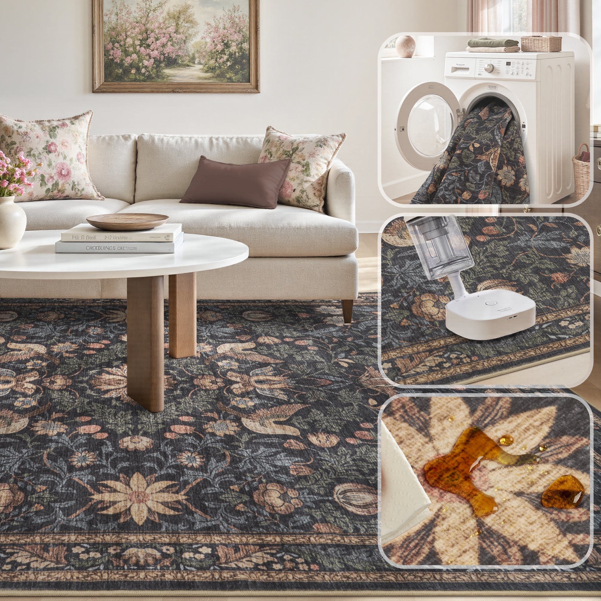 MontVoo Vintage Floral Washable Rug Charcoal