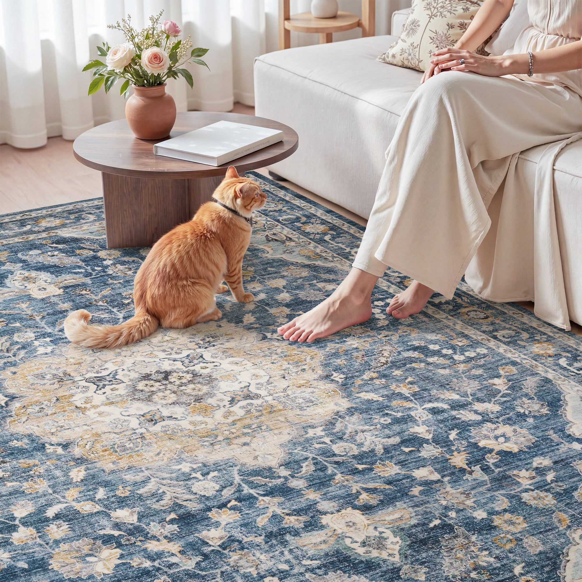 MontVoo Vintage Floral Medallion Washable Rug Blue