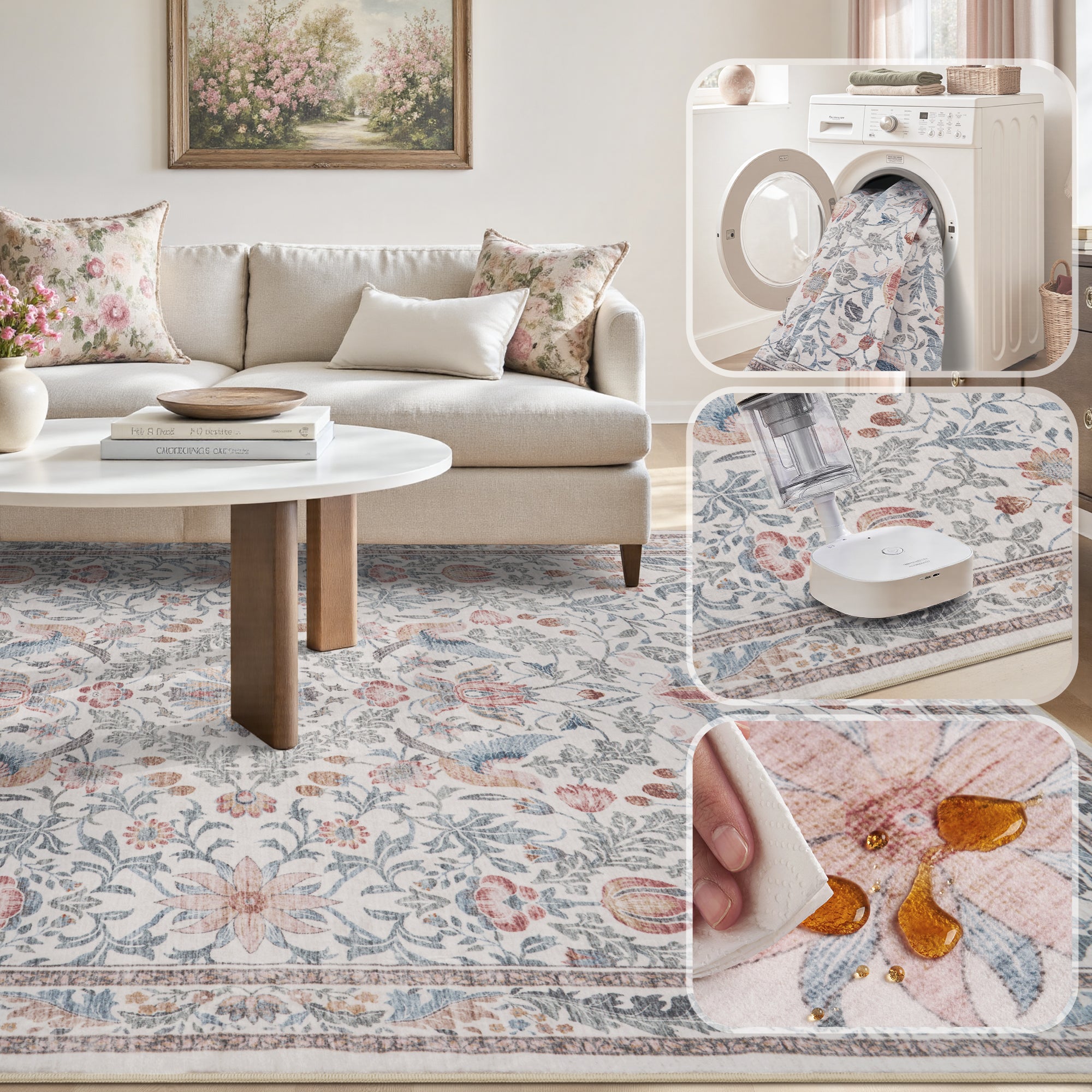 MontVoo Vintage Floral Washable Rug Beige